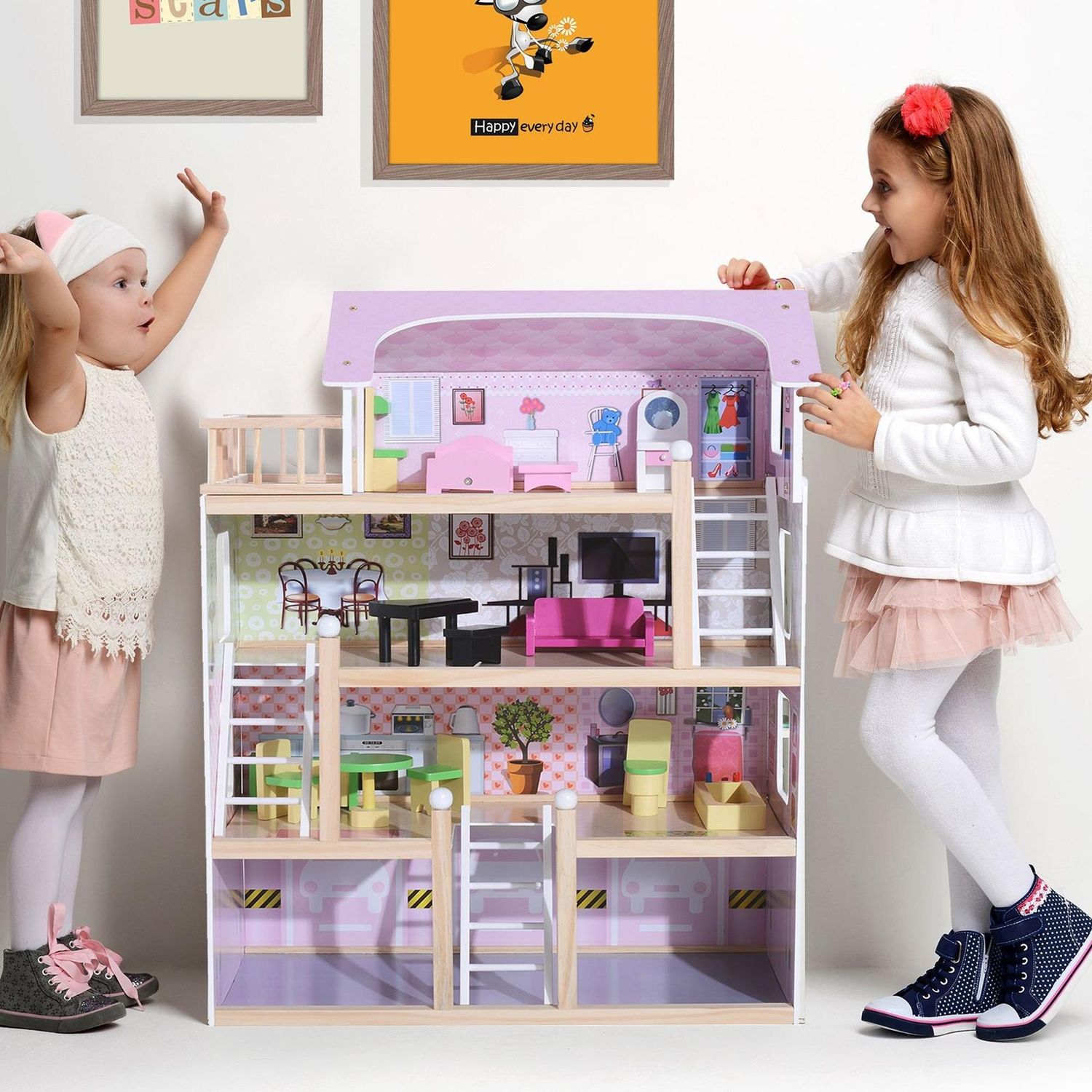 Casa delle bambole per bambini 3+ anni in legno di pino e mdf a 4 piani con 13 accessori, rosa, 60x30x80 cm - 