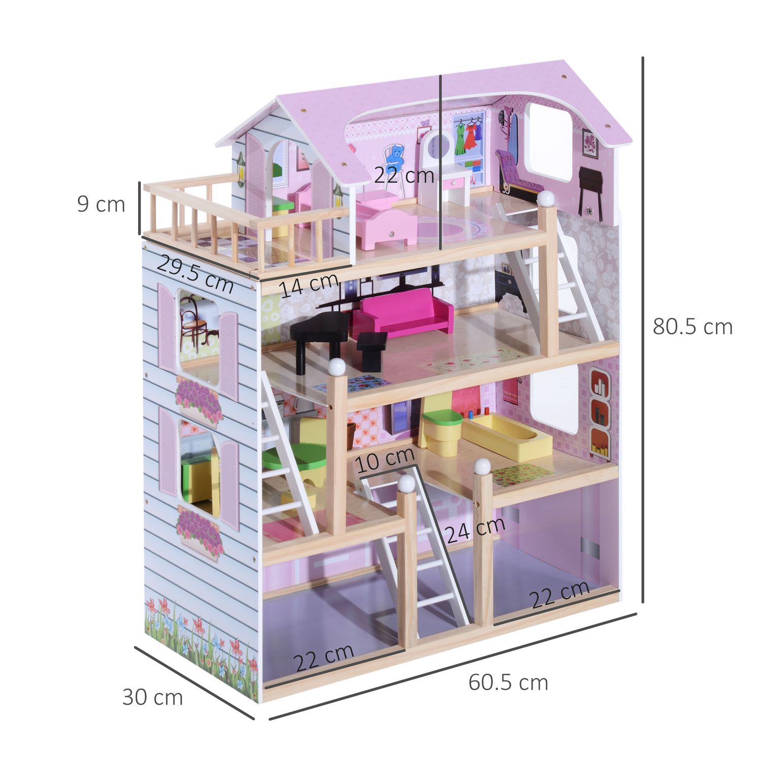 Casa delle bambole per bambini 3+ anni in legno di pino e mdf a 4 piani con 13 accessori, rosa, 60x30x80 cm - 