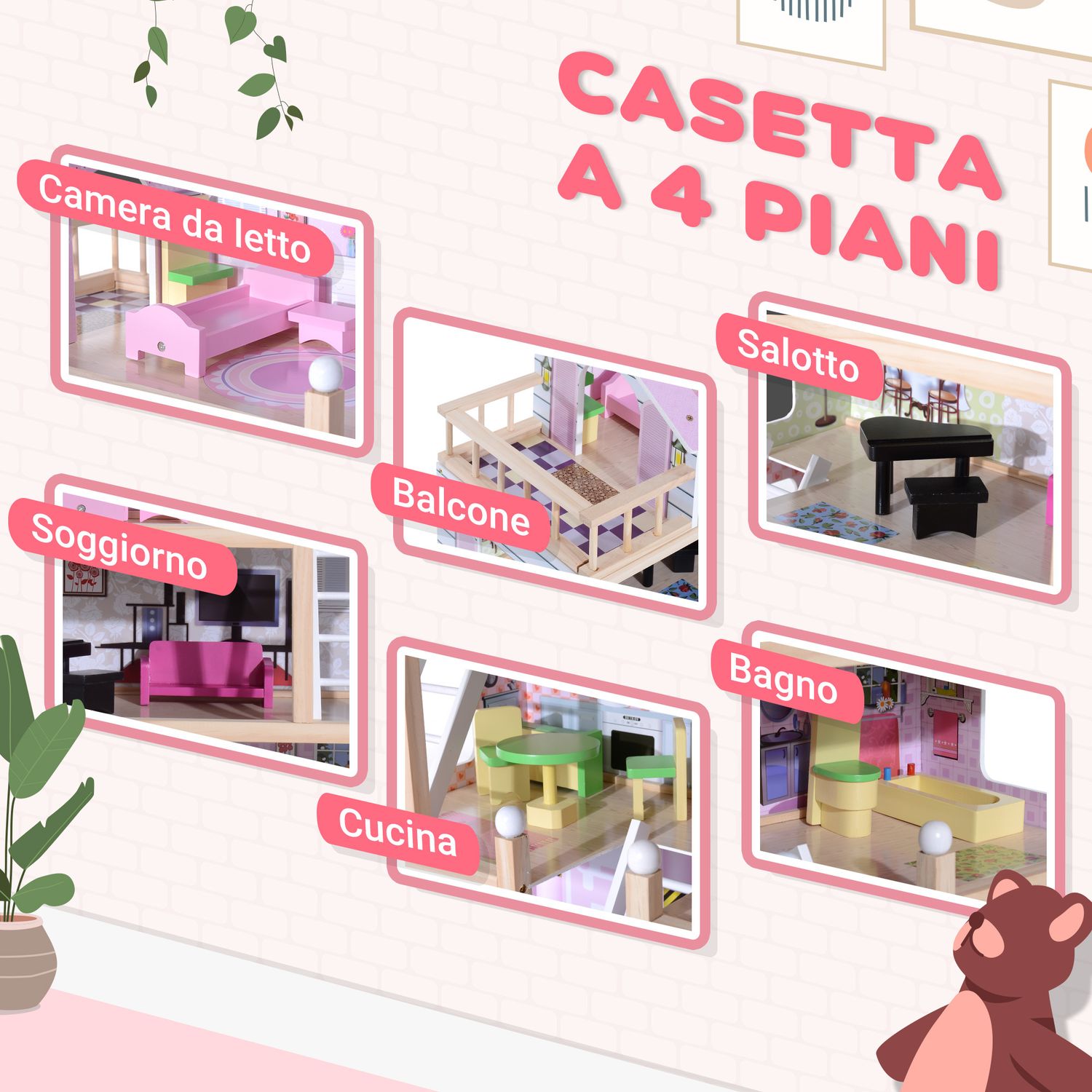 Casa delle bambole per bambini 3+ anni in legno di pino e mdf a 4 piani con 13 accessori, rosa, 60x30x80 cm - 
