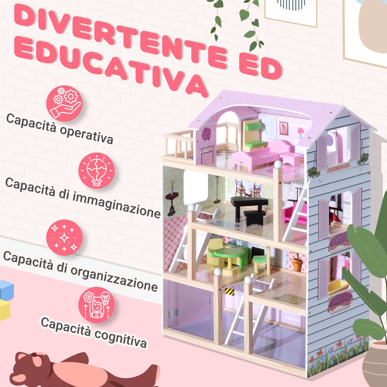Casa delle bambole per bambini 3+ anni in legno di pino e mdf a 4 piani con 13 accessori, rosa, 60x30x80 cm - 