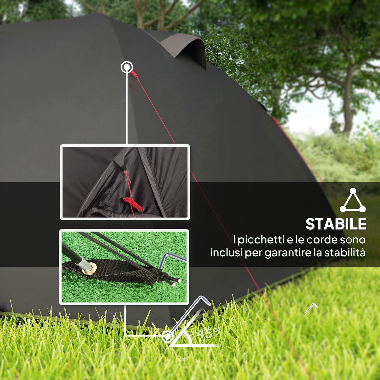 Tenda a tunnel per 2 persone con finestre laterali e gancio, in poliestere 190t e pe, 3.3x1.9x1.2 m, nero - 