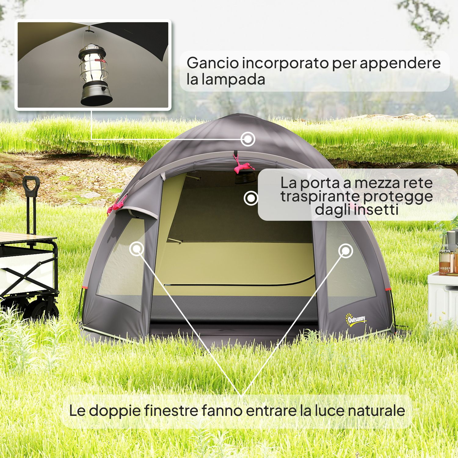 Tenda a tunnel per 2 persone con finestre laterali e gancio, in poliestere 190t e pe, 3.3x1.9x1.2 m, nero - 