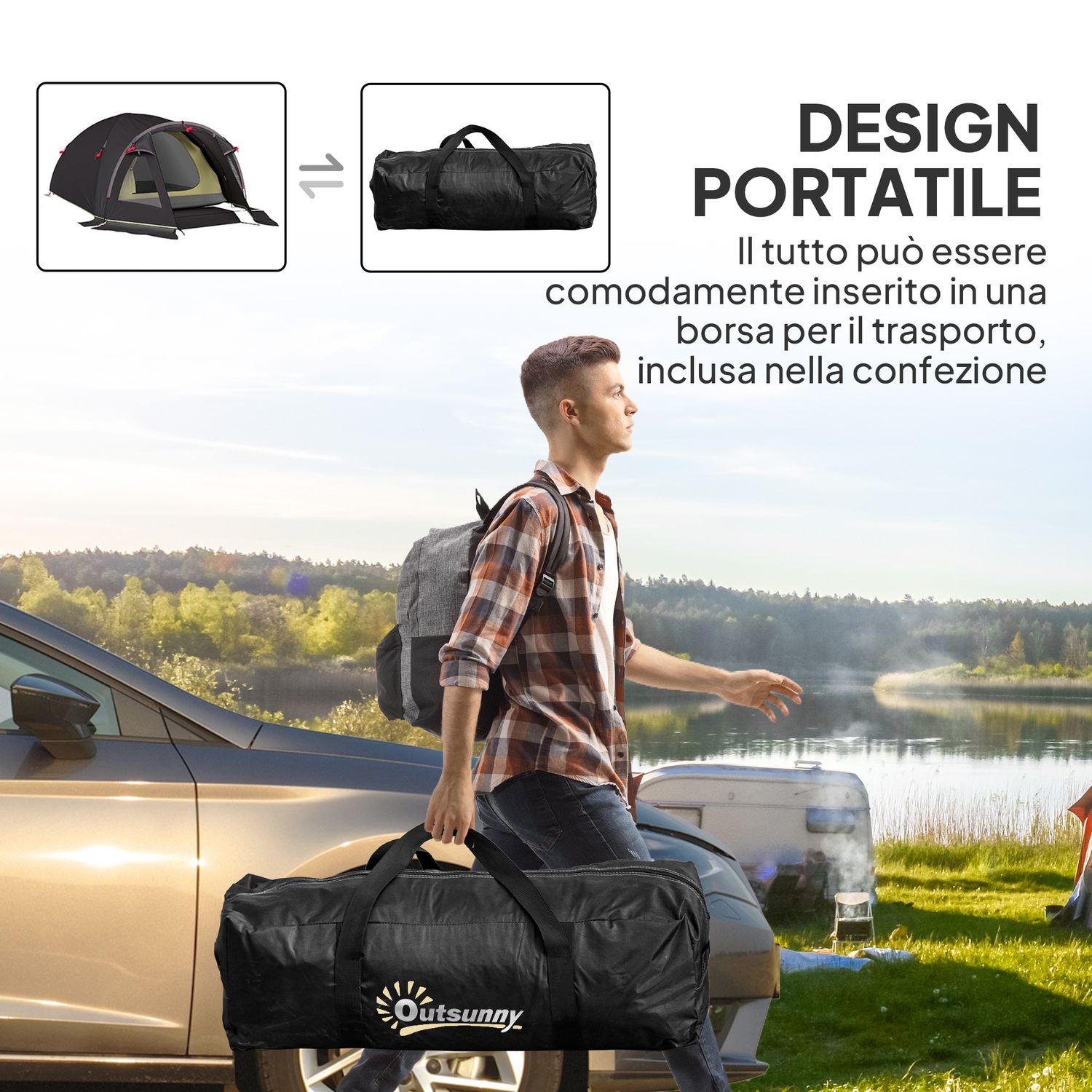 Tenda a tunnel per 2 persone con finestre laterali e gancio, in poliestere 190t e pe, 3.3x1.9x1.2 m, nero - 