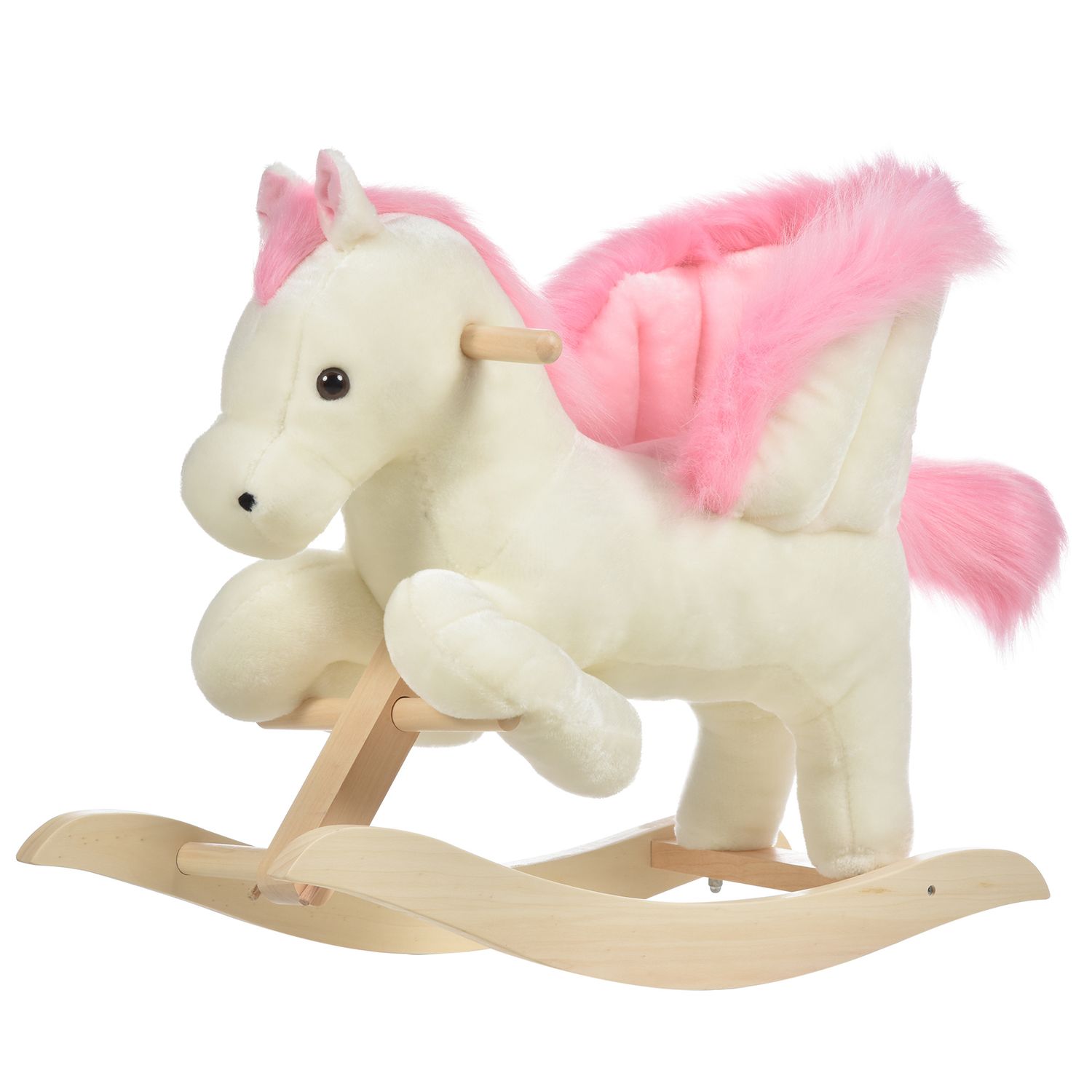 Cavallo a dondolo bianco e rosa con suoni e struttura in legno di pioppo per bambini 18-36 mesi, 70x28x57cm - 