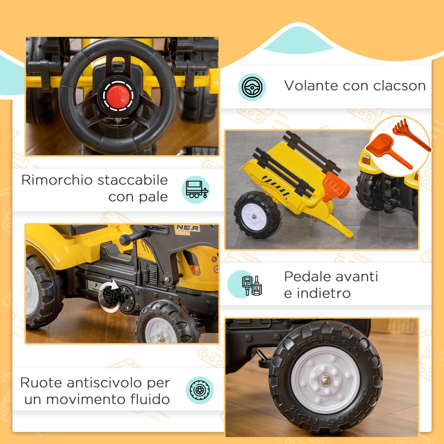 Escavatore a pedali per bambini da 3 anni con ruspa frontale, rimorchio e 6 ruote, giallo - 