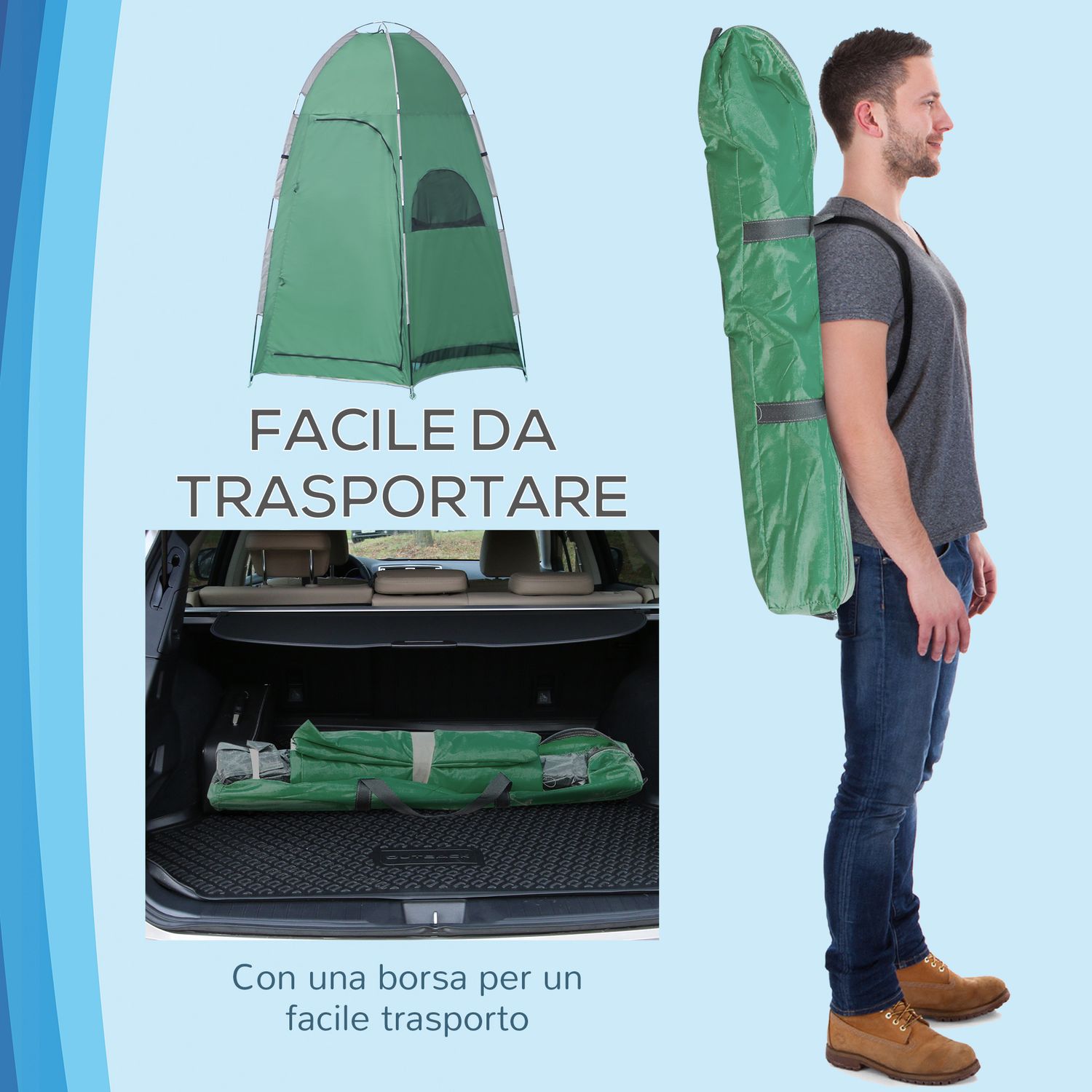 Tenda doccia da campeggio con borsa per trasporto e tasca portaoggetti 122x122x213cm, verde - 