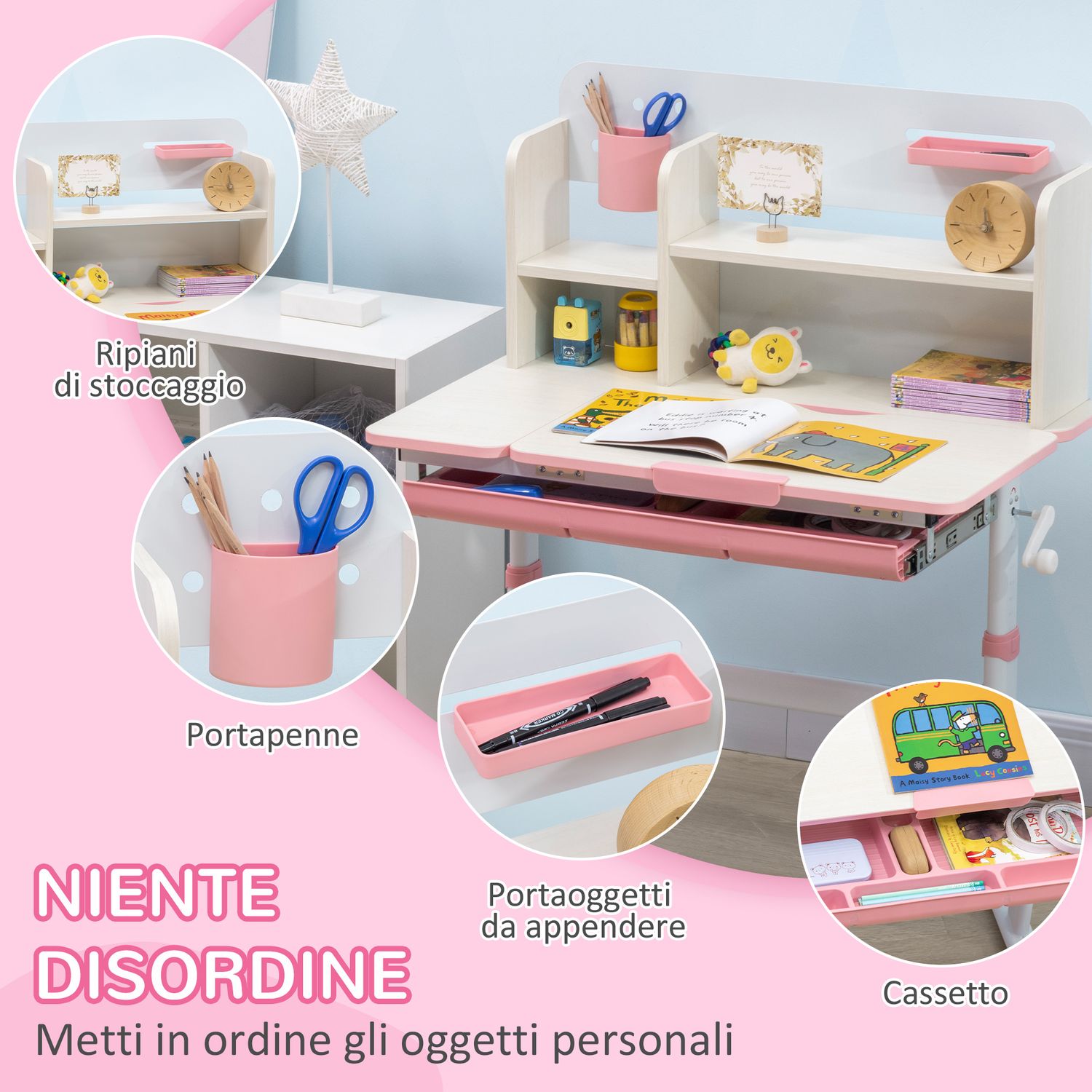 Set scrivania e sedia per bambini da 3 anni regolabile, tavolo inclinabile a 60° con cassetto e ripiani, rosa - 