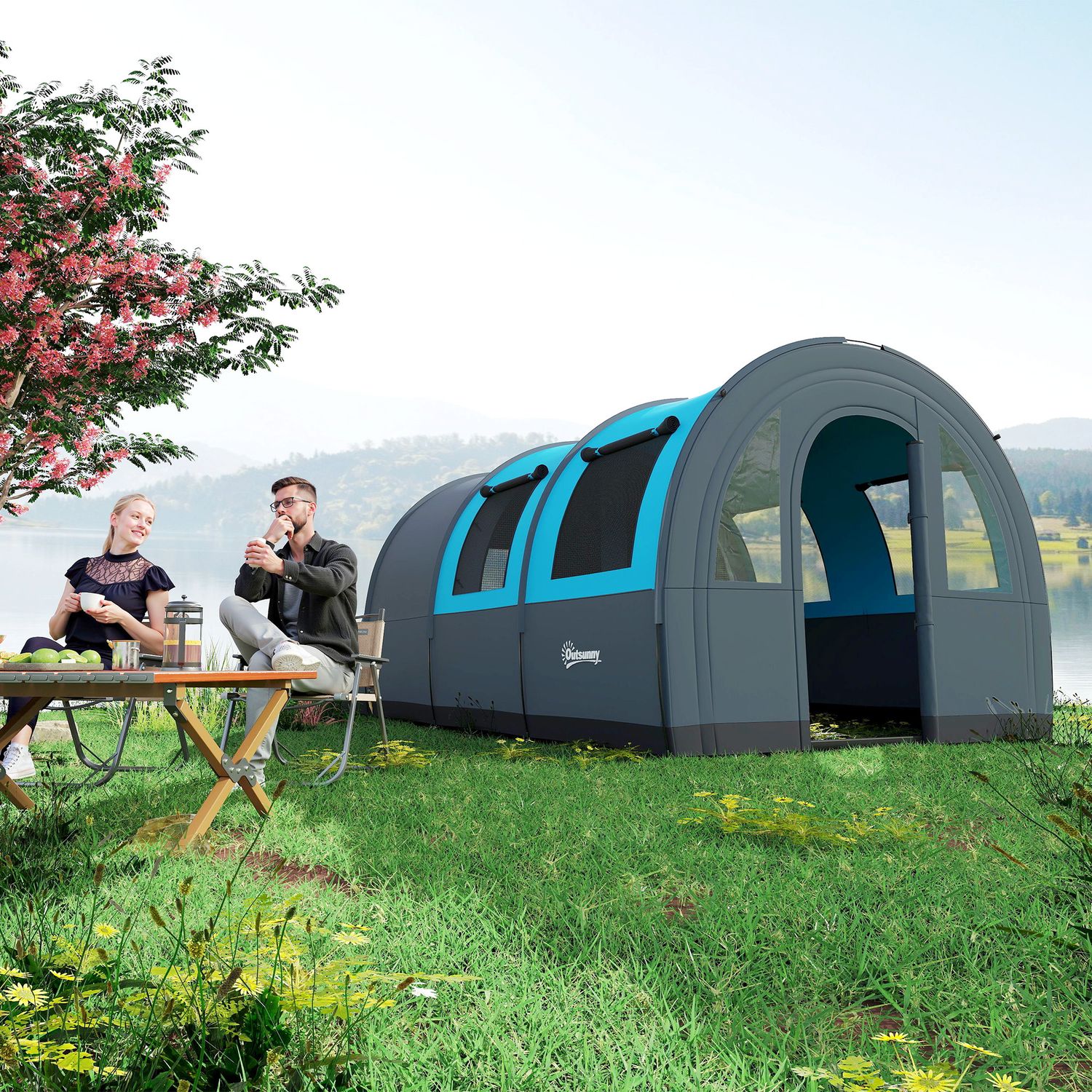 Tenda da campeggio 3 posti impermeabile con zona notte e giorno, in poliestere, 480x260x200 cm, grigio e blu - 