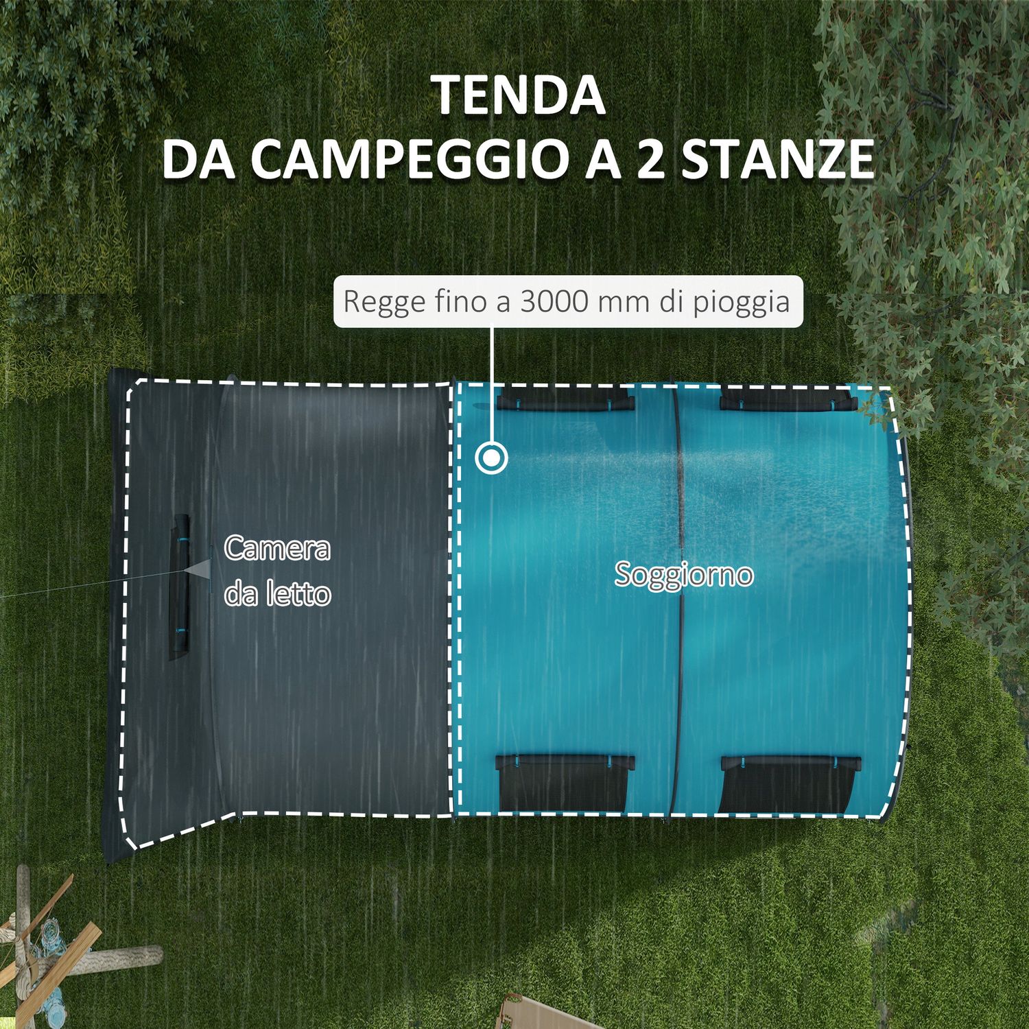 Tenda da campeggio 3 posti impermeabile con zona notte e giorno, in poliestere, 480x260x200 cm, grigio e blu - 