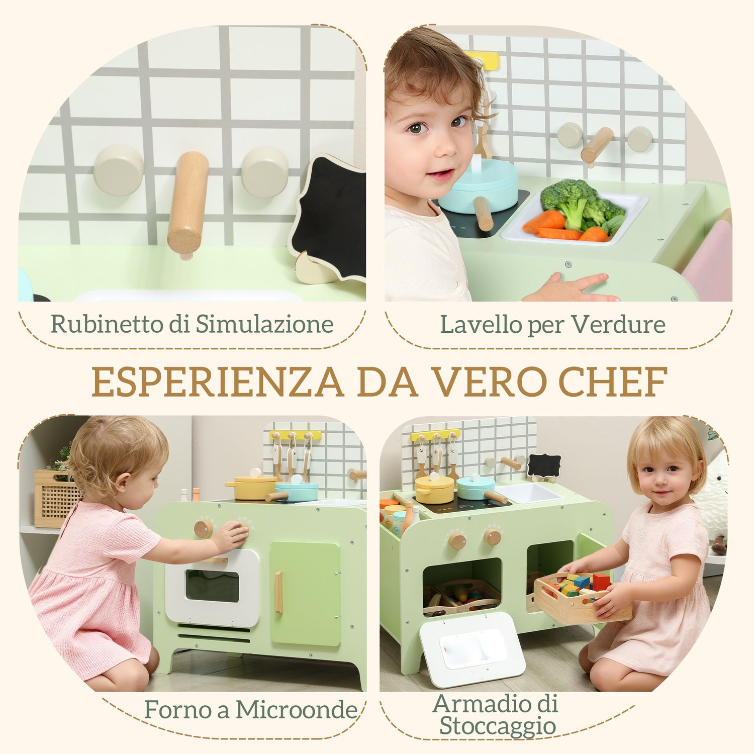 Set cucina giocattolo in legno per bambini da 3+ anni con 15 accessori, verde - 