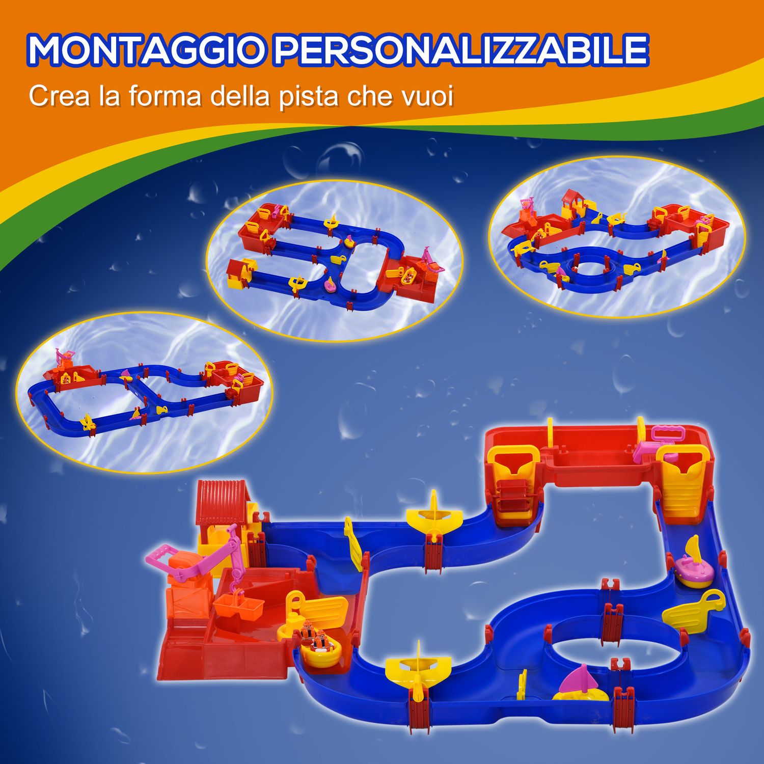 Playset acquatico 78 pezzi con acqua e sabbia per bambini 3-6 anni, 123x111x7cm, blu e rosso - 