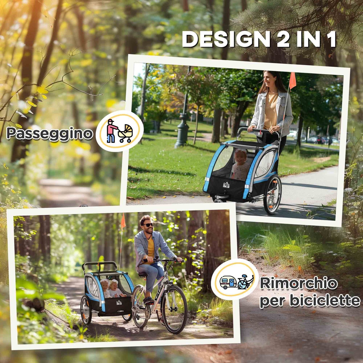 Rimorchio bici per bambini e passeggino 2 in 1 con cintura, tasche e bandierina, blu - 