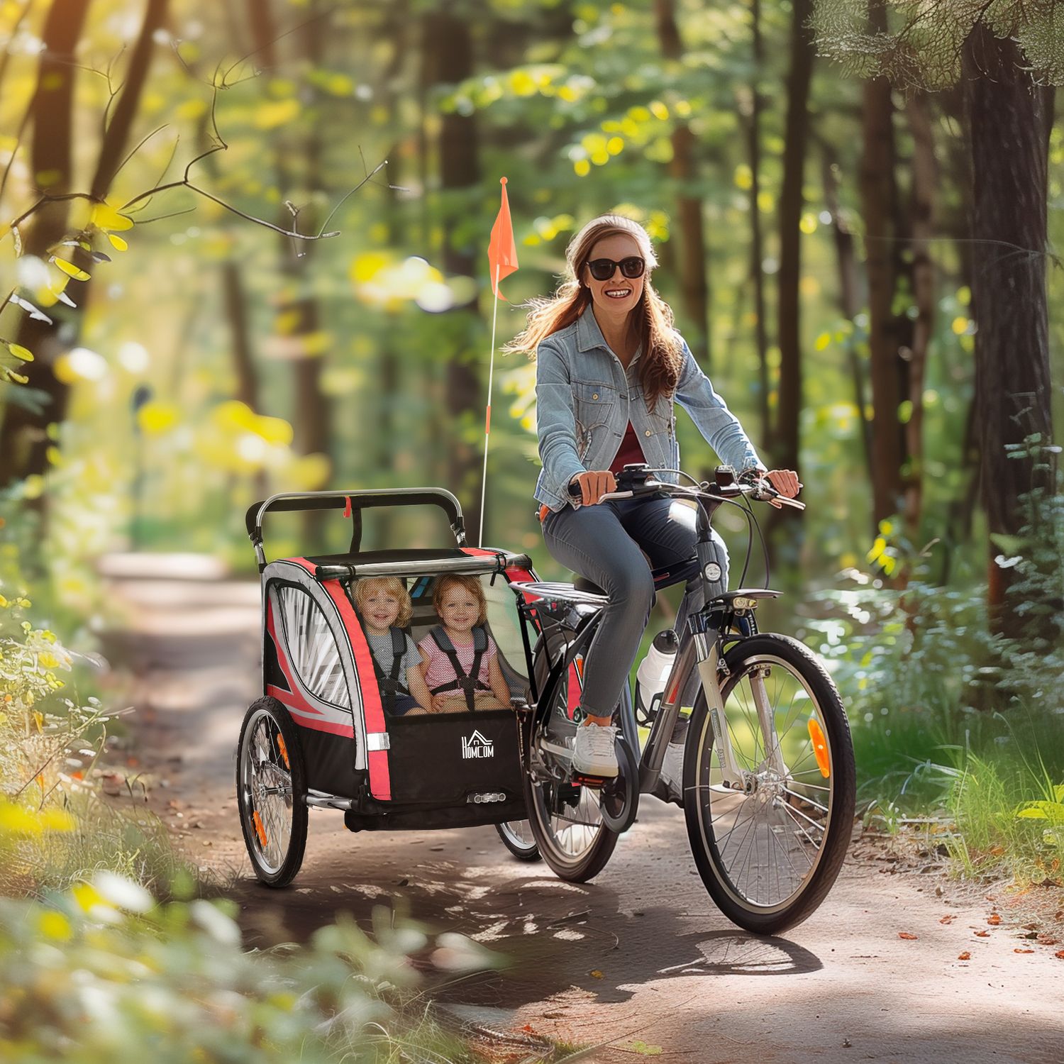 Rimorchio bici per bambini e passeggino, design 2 in 1 con freno, cintura a 5 punti, carrello rimorchio per bicicletta - 
