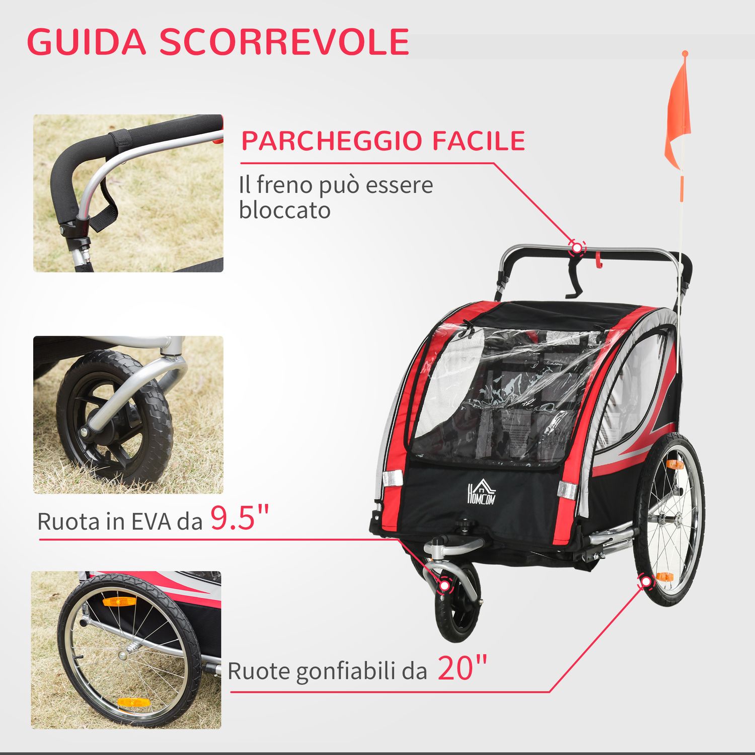 Rimorchio bici per bambini e passeggino, design 2 in 1 con freno, cintura a 5 punti, carrello rimorchio per bicicletta - 