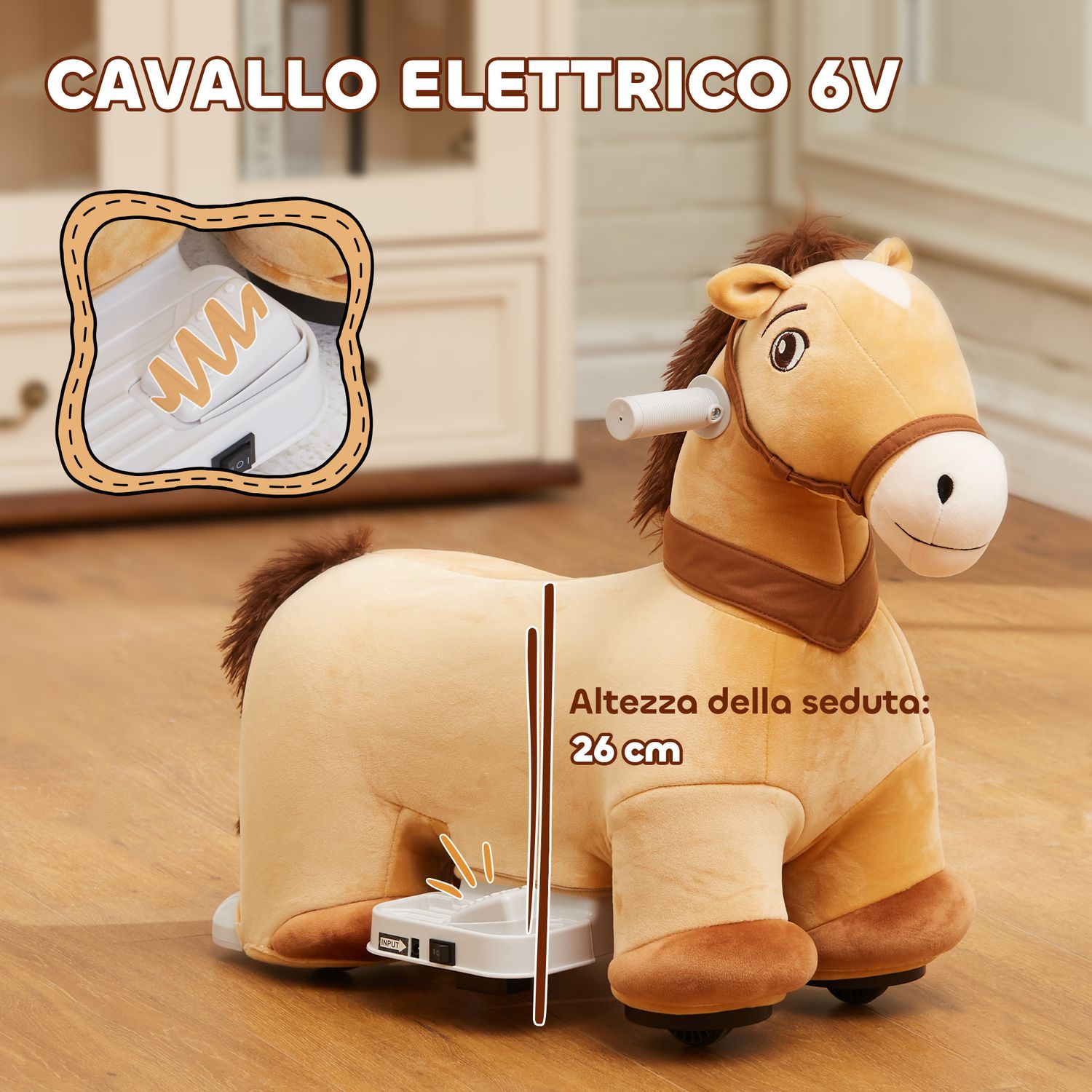 Cavallo cavalcabile elettrico 6v per bambini da 18-36 mesi con ruote in pu e musica, marrone - 