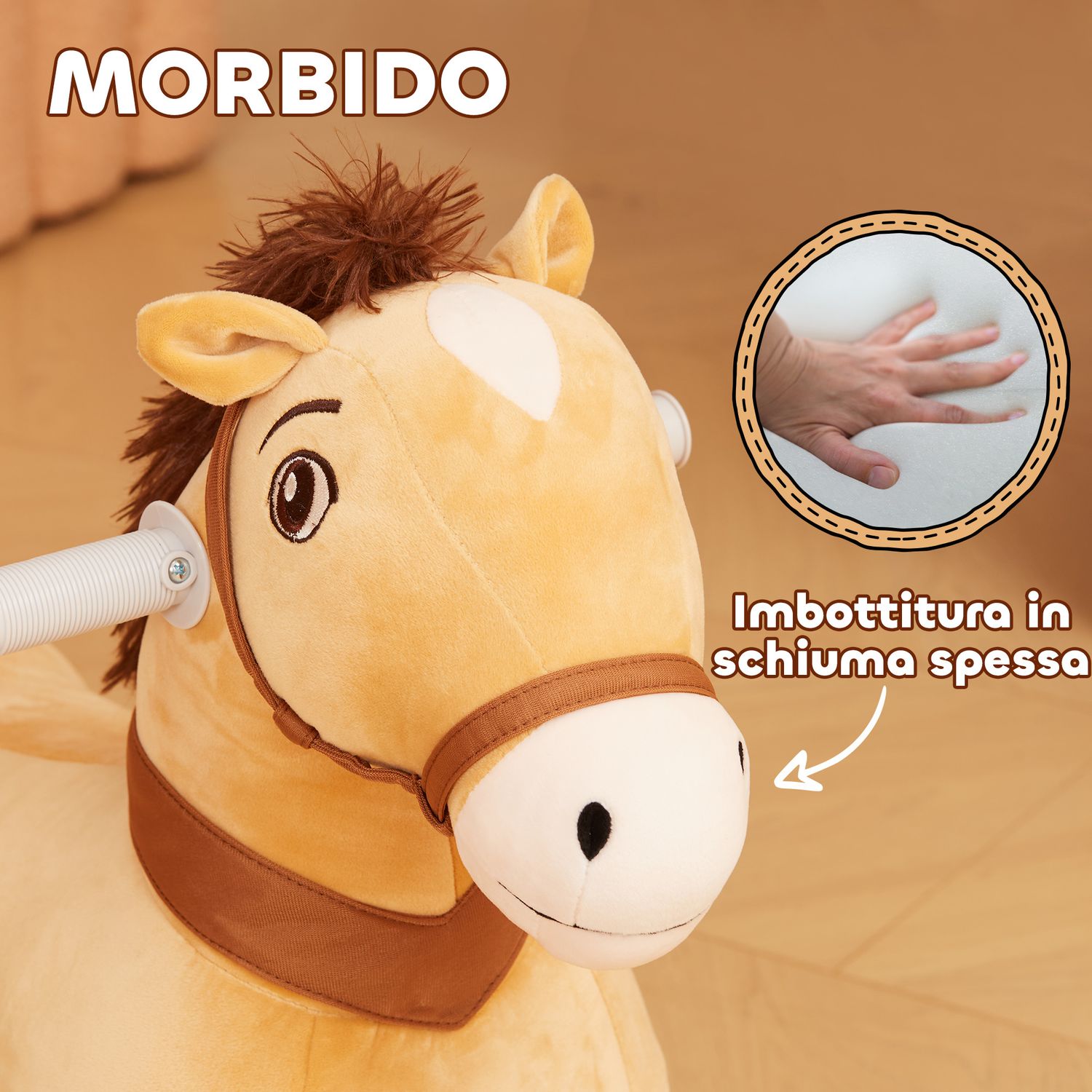 Cavallo cavalcabile elettrico 6v per bambini da 18-36 mesi con ruote in pu e musica, marrone - 
