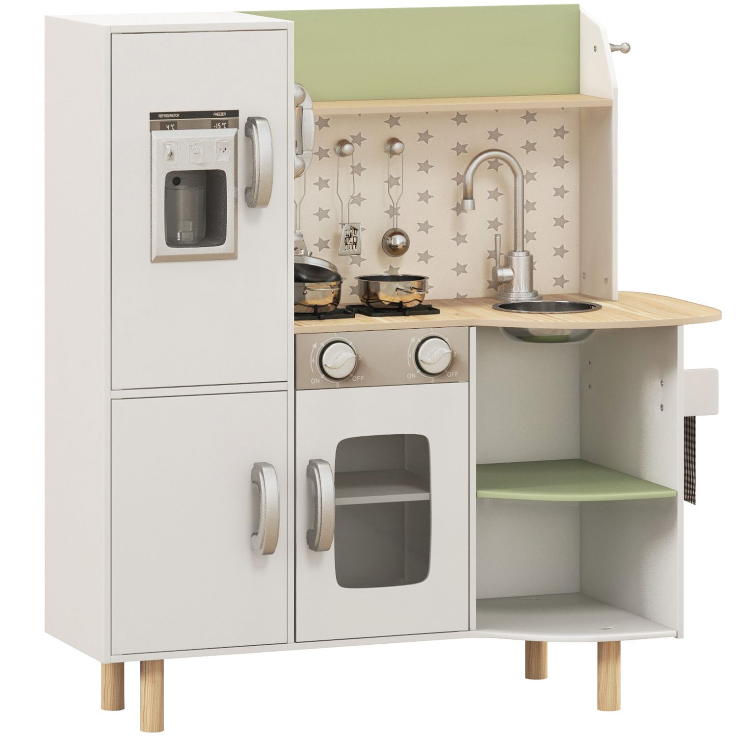 Cucina giocattolo per bambini 3-6 anni con macchina del ghiaccio e utensili, 84x34x89 cm, bianco e verde - 
