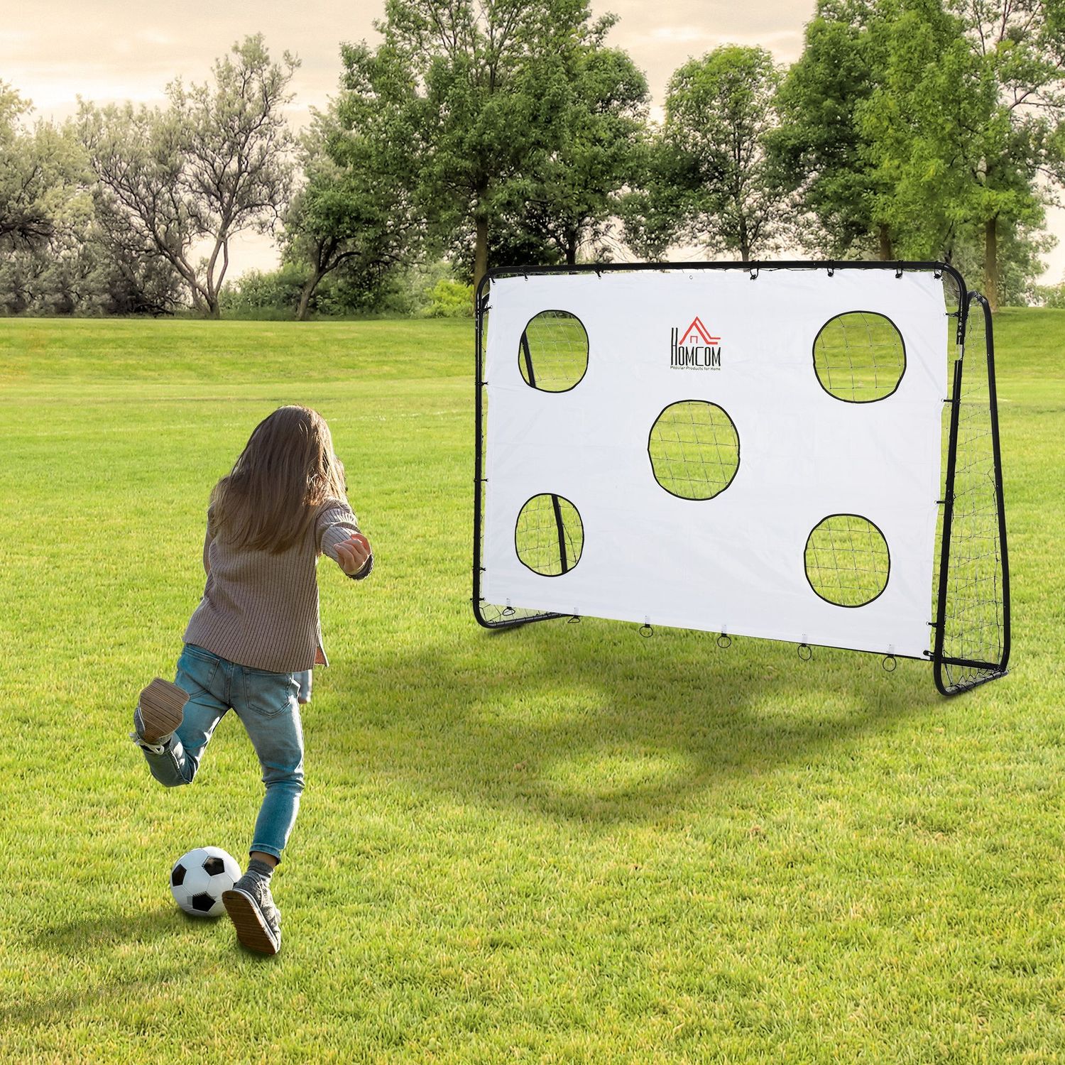 Porta da calcio per bambini e adulti con rete in pe, in metallo e oxford, bianco e nero, 240x88x171.5cm - 