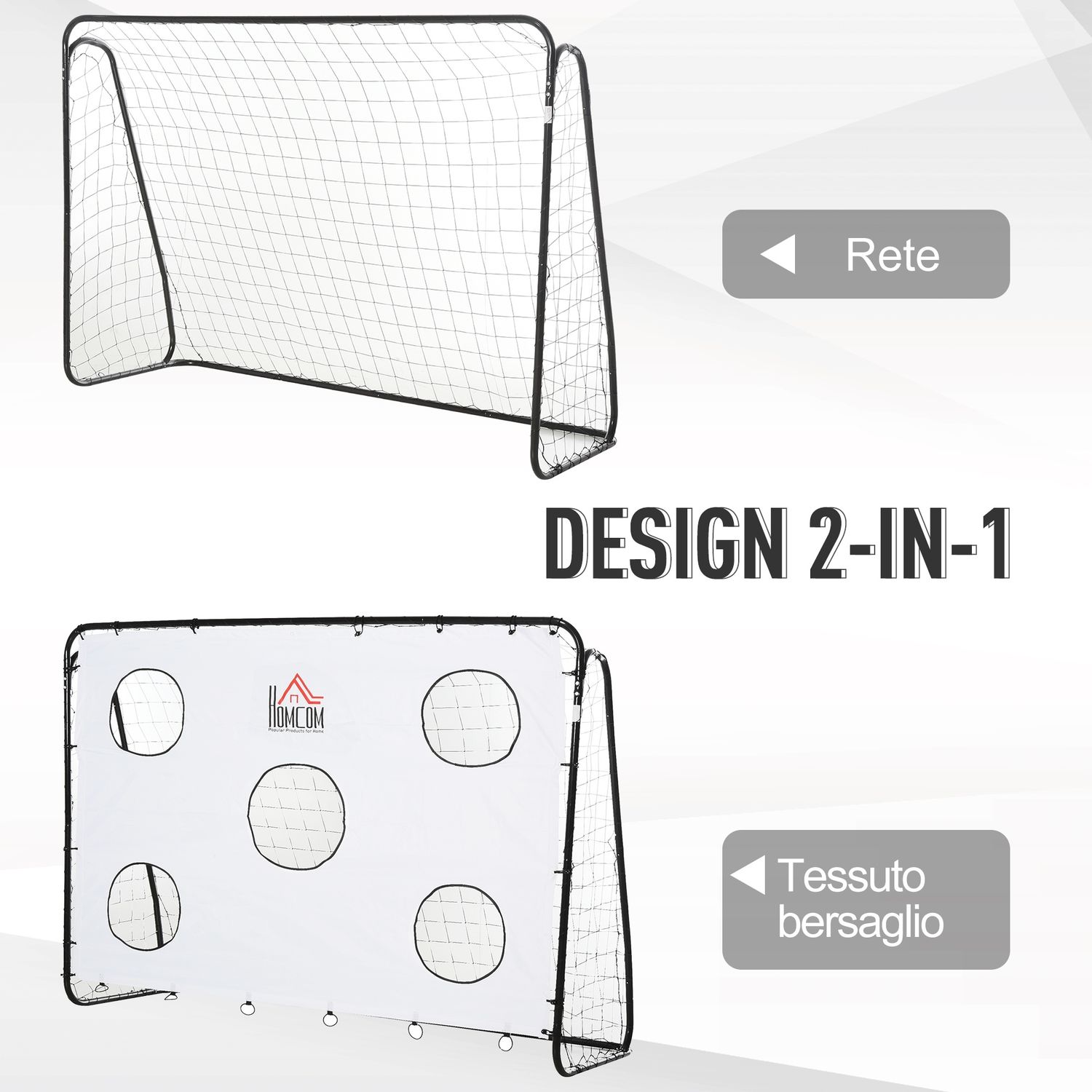 Porta da calcio per bambini e adulti con rete in pe, in metallo e oxford, bianco e nero, 240x88x171.5cm - 