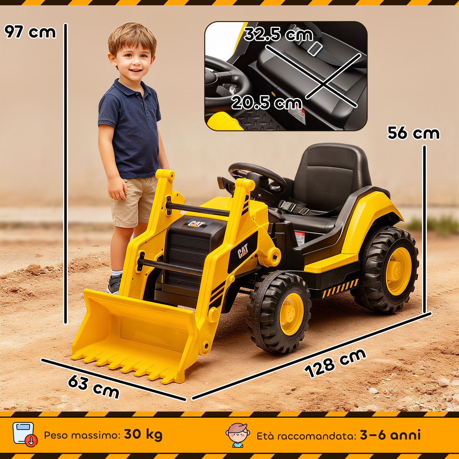 Ruspa elettrica per bambini 3-6 anni marchio ufficiale caterpillar 12v con telecomando, giallo - 