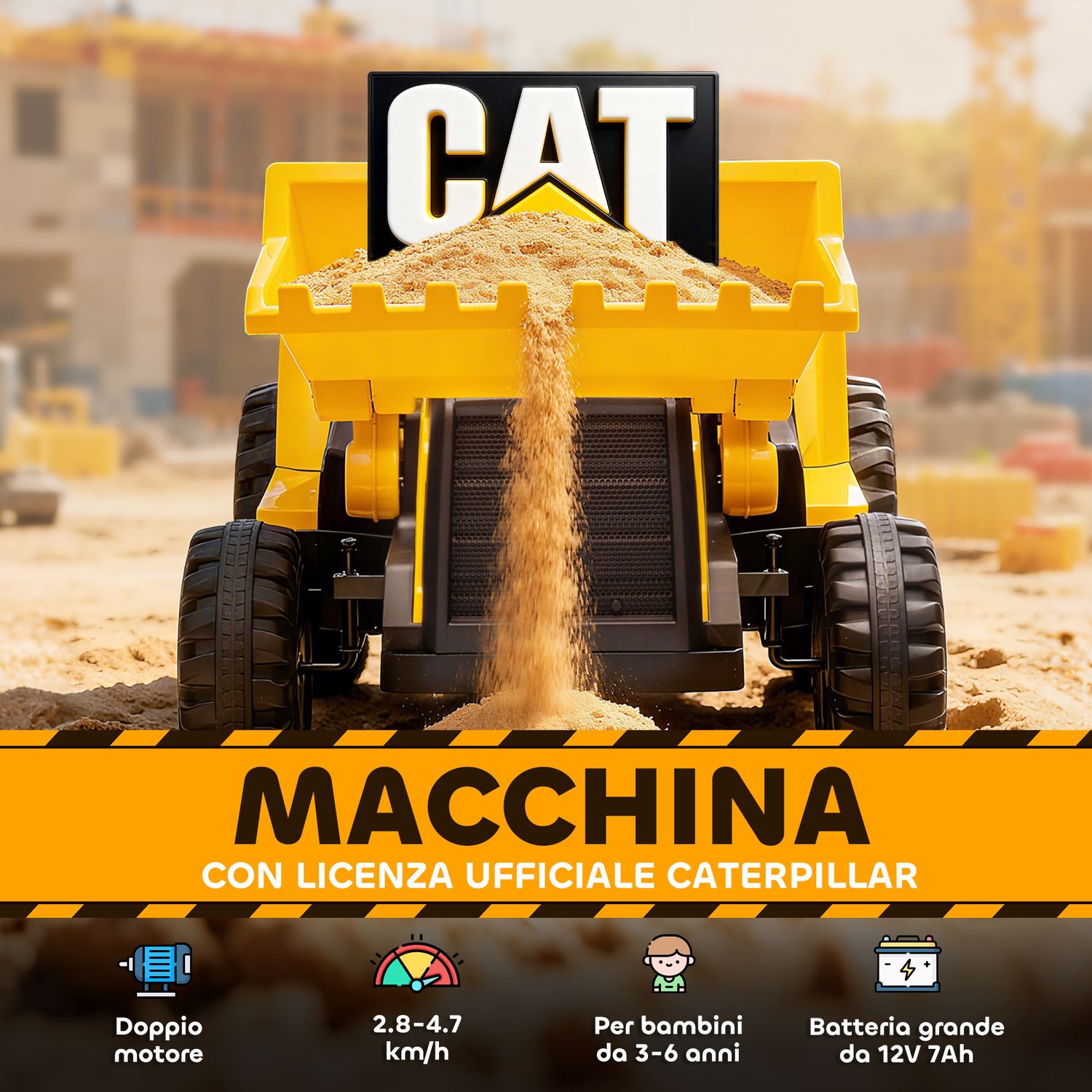 Ruspa elettrica per bambini 3-6 anni marchio ufficiale caterpillar 12v con telecomando, giallo - 