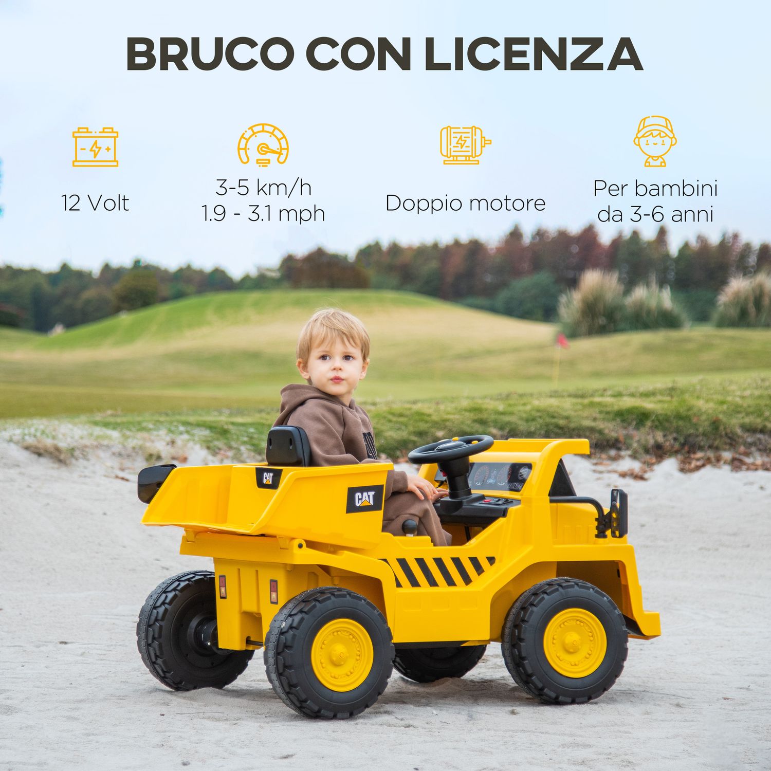 Camion giocattolo licenza caterpillar con telecomando, fari, secchio e pala, 110x70.5x61.5 cm, giallo - 