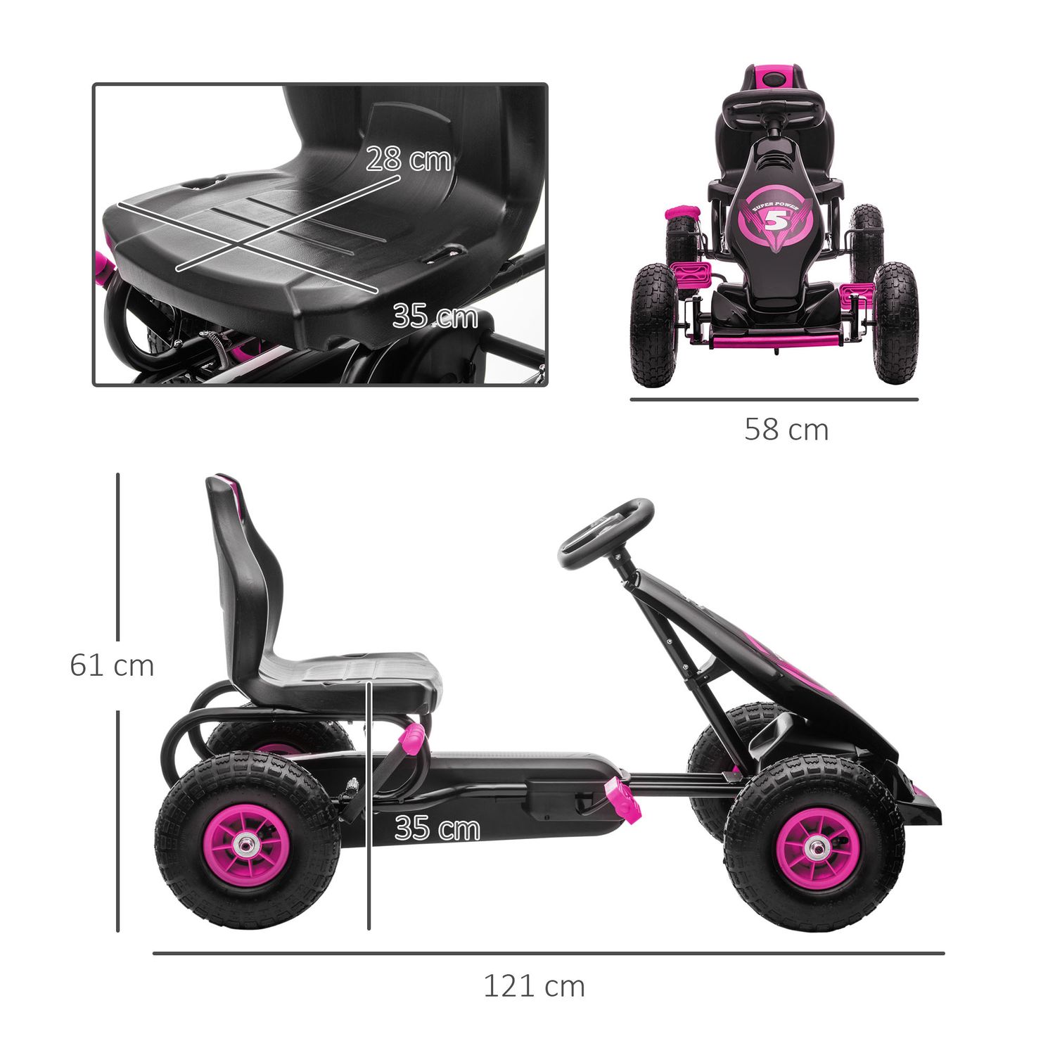 Go kart a pedali per bambini 5-12 anni con sedile regolabile, in metallo e pp 121x58x61 cm, rosa e nero - 