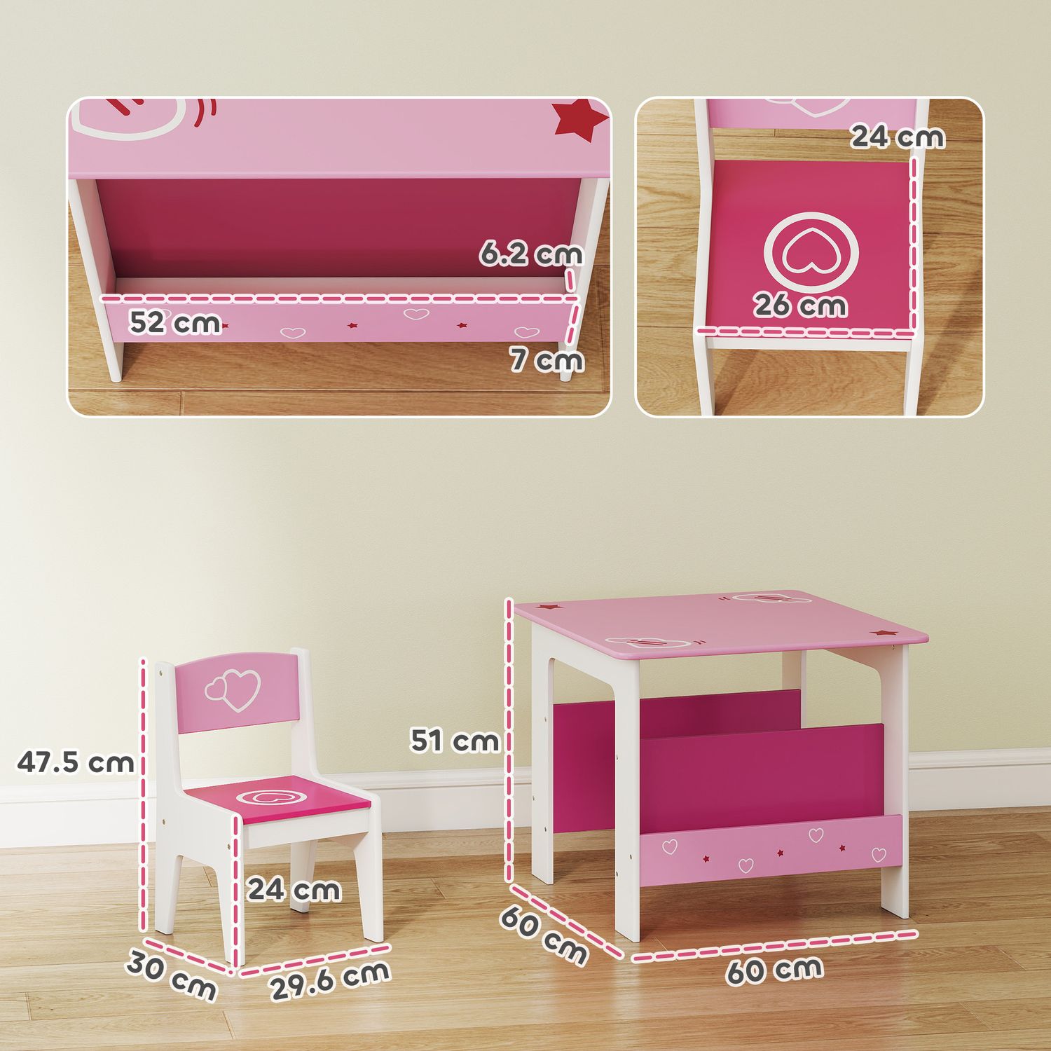 Set tavolo con 2 sedie per bambini 3-8 anni, tavolino con scaffale in legno mdf con disegni a cuori, rosa - 