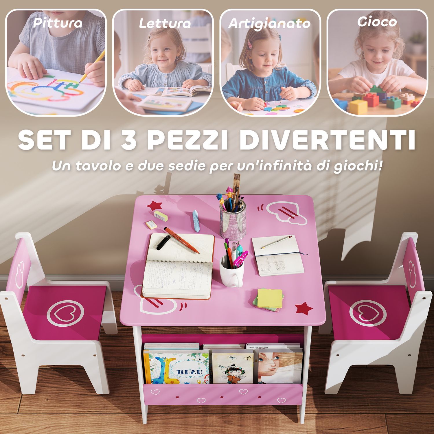 Set tavolo con 2 sedie per bambini 3-8 anni, tavolino con scaffale in legno mdf con disegni a cuori, rosa - 