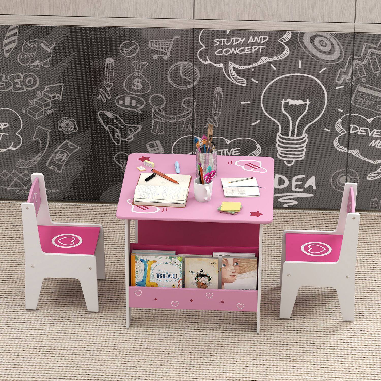 Set tavolo con 2 sedie per bambini 3-8 anni, tavolino con scaffale in legno mdf con disegni a cuori, rosa - 