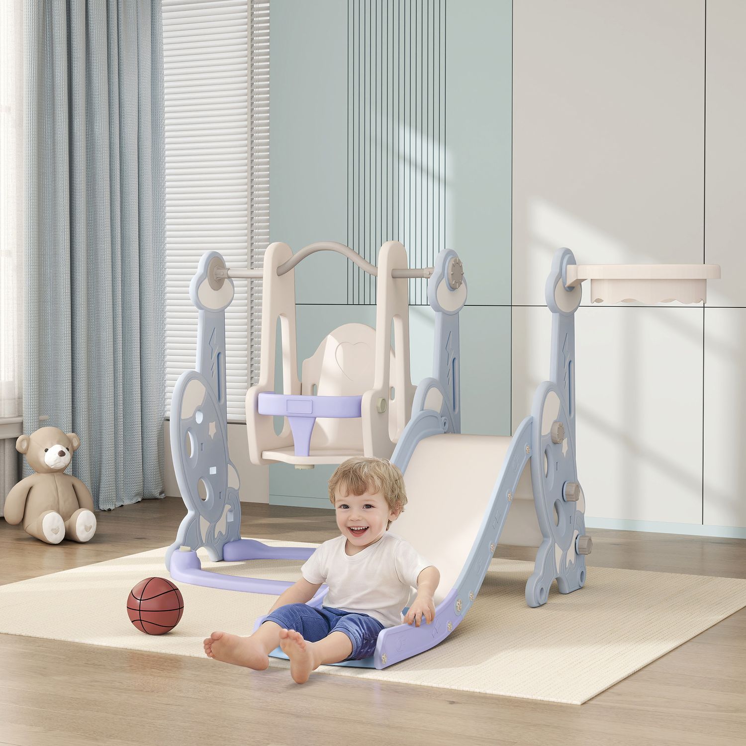 Gioco per bambini 4 in 1 con scivolo, altalena, arrampicata e canestro, 147.5x160x107 cm, azzurro chiaro - 