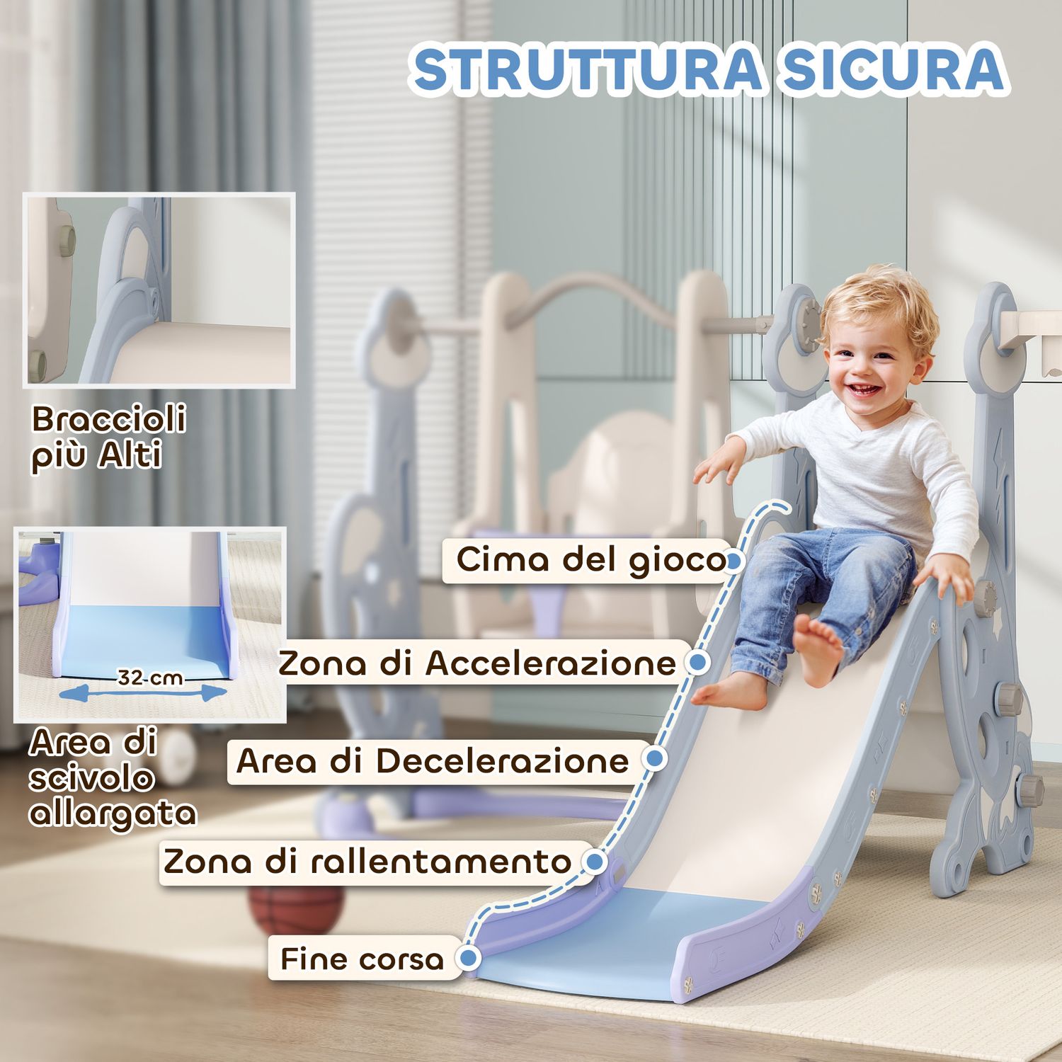 Gioco per bambini 4 in 1 con scivolo, altalena, arrampicata e canestro, 147.5x160x107 cm, azzurro chiaro - 