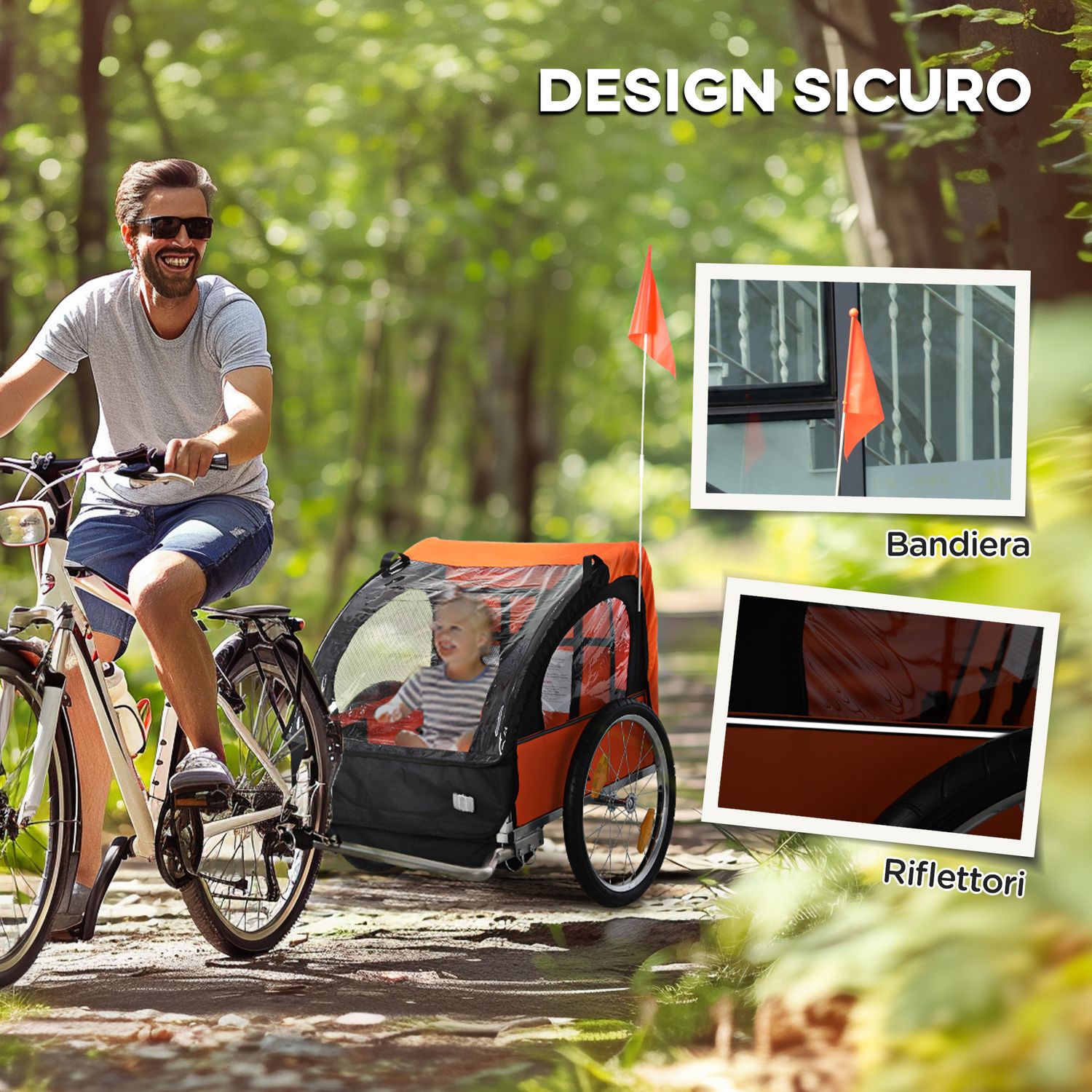 Rimorchio bici bambini con 2 posti, 2 cinture di sicurezza, telaio in acciaio e copertura in tessuto oxford arancione - 