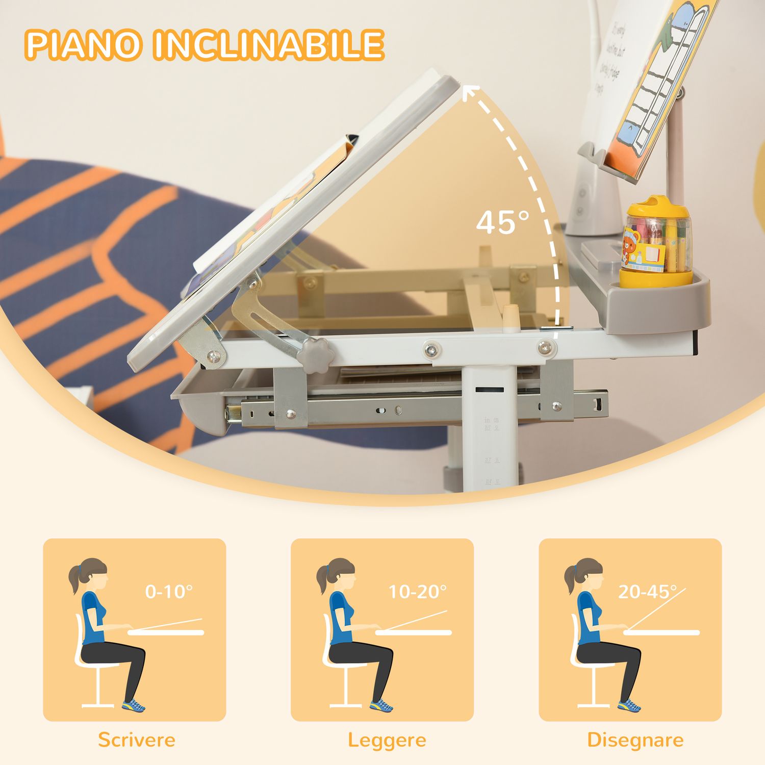 Banco scuola con sedia per bambini 6-12 anni con altezza e inclinazione regolabile, grigio - 