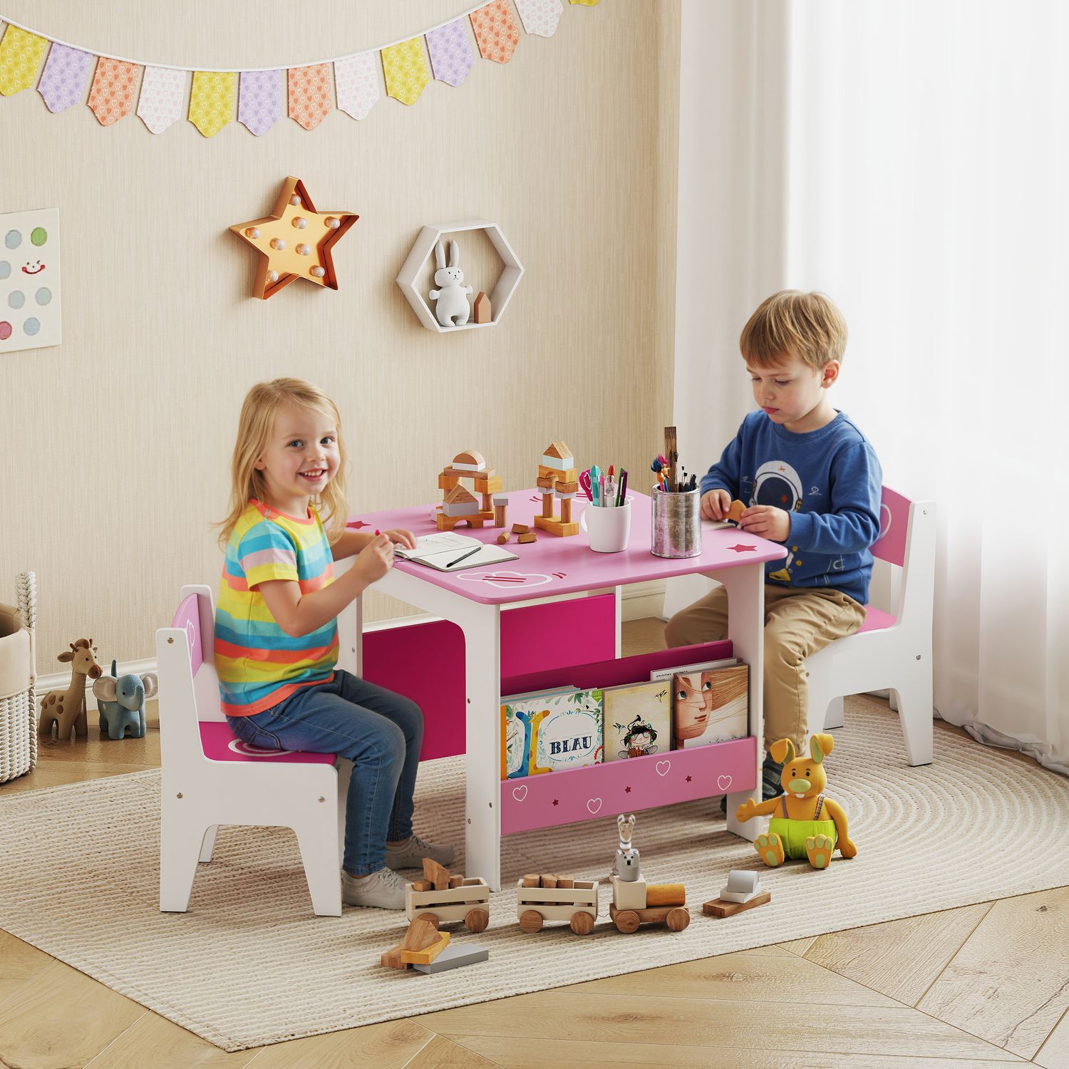 Set tavolo con 2 sedie per bambini 3-8 anni, tavolino con scaffale in legno mdf con disegni a cuori, rosa - 