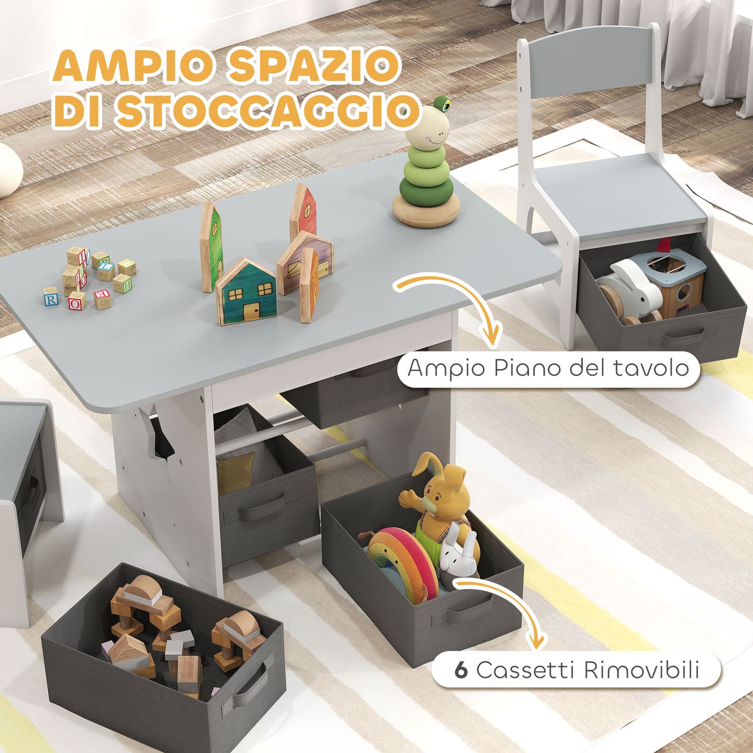 Set tavolo e sedie per bambini 3-8 anni con 6 cassetti e bordi arrotondati, in legno e tessuto, grigio e bianco - 