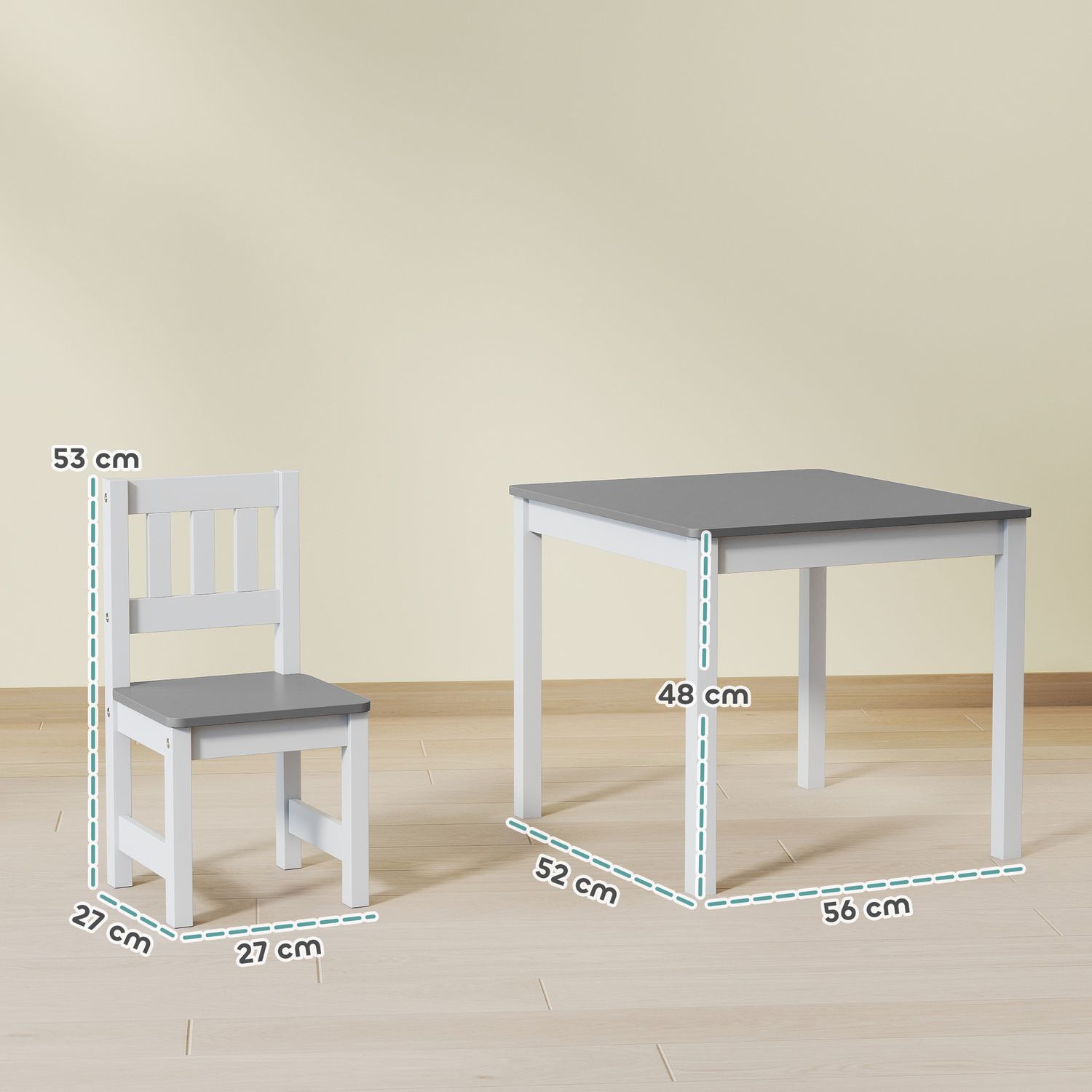 Set tavolo e sedie per bambini da 3-8 anni 3 pz in legno con bordi arrotondati, grigio e bianco - 
