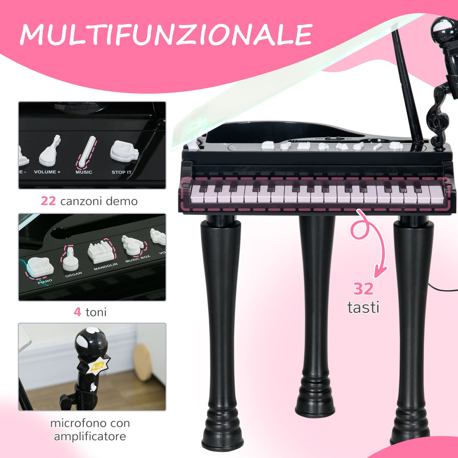Pianoforte per bambini a 32 tasti con sgabello, microfono, musiche, luci e gambe rimovibili, nero - 