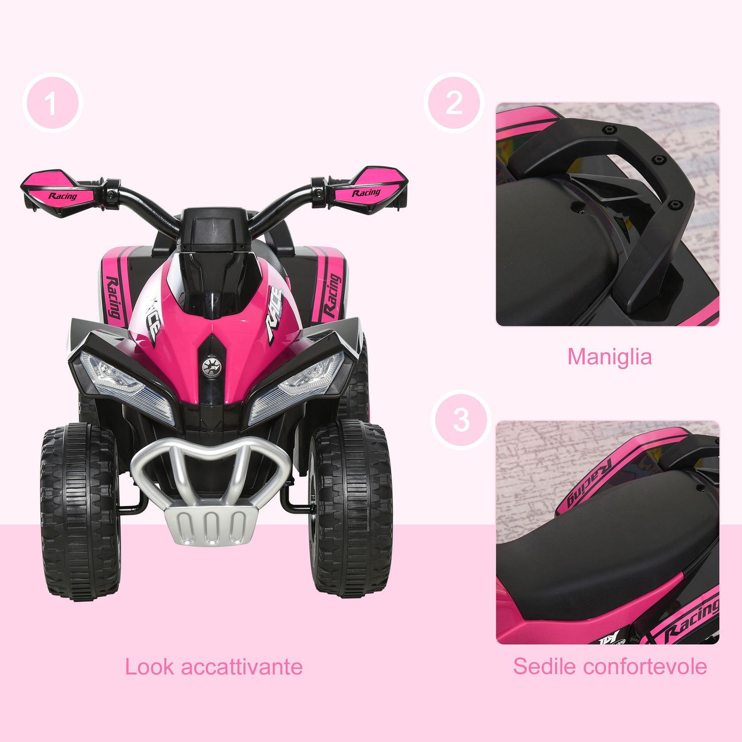 Mini quad per bambini 18-36 mesi a spinta manuale con musiche integrate e ampio manubrio, moto per bambini in pp e metallo, 67.5x38x44 cm, rosa - 
