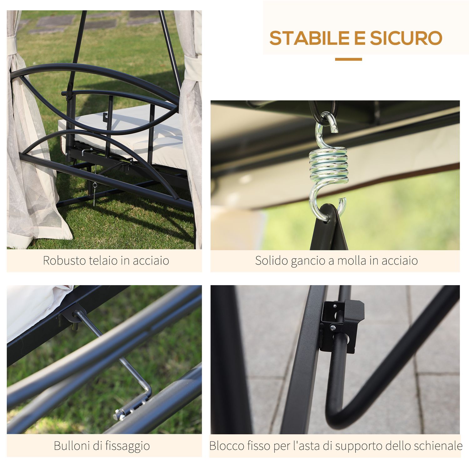 Dondolo 3 posti e lettino singolo copertura a gazebo con zanzariera e cuscini 256x172x248cm crema - 