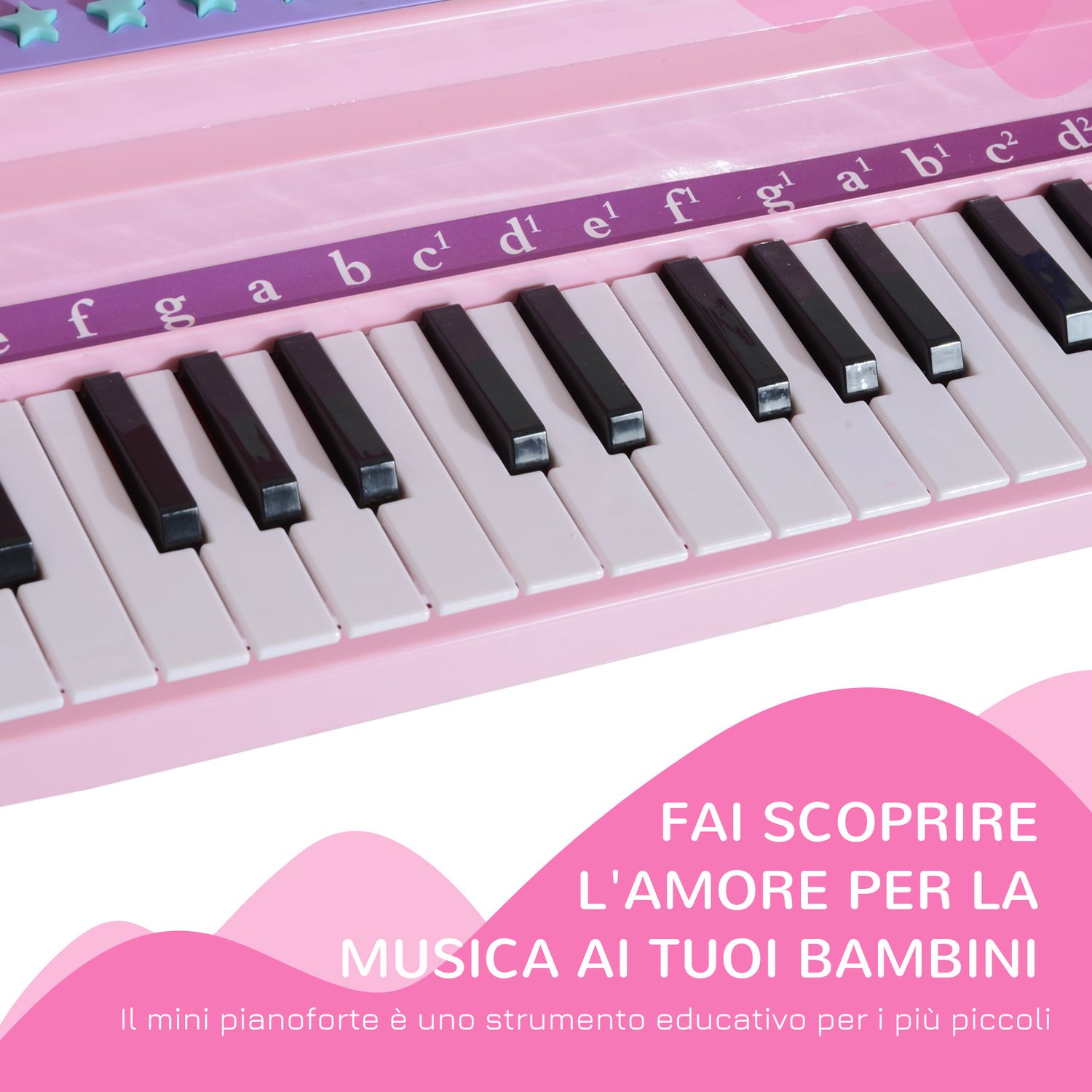 Pianoforte giocattolo per bambini , strumento musicale elettrico con 37 tasti luminosi, microfono e sgabello inclusi, 48x39x69 cm, rosa - 