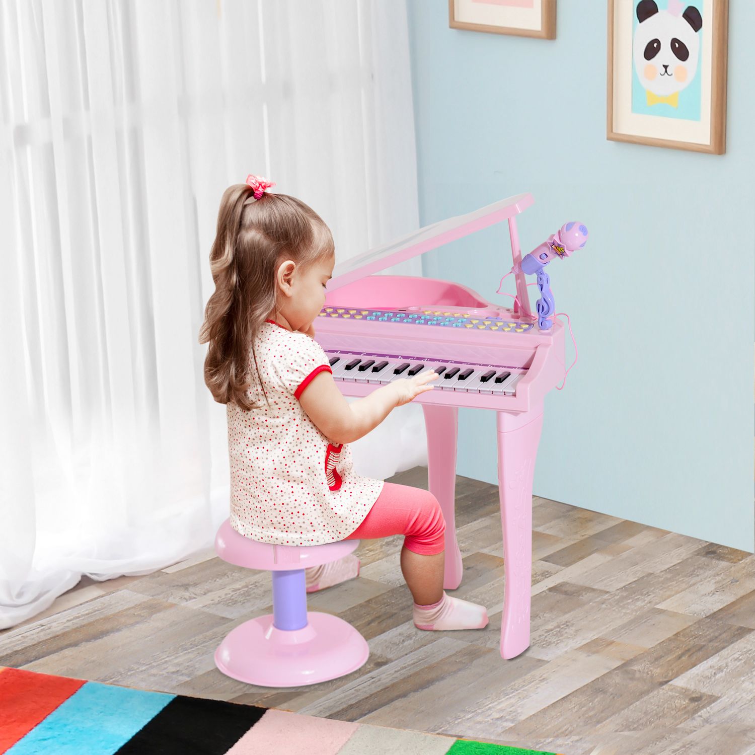 Pianoforte giocattolo per bambini , strumento musicale elettrico con 37 tasti luminosi, microfono e sgabello inclusi, 48x39x69 cm, rosa - 