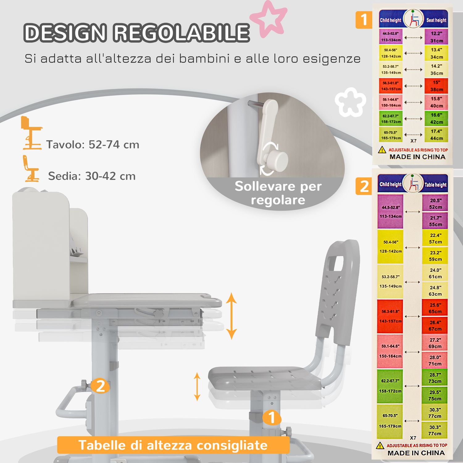 Set scrivania per bambini con sedia regolabile in altezza e piano inclinabile, età 6-12 anni, grigio - 