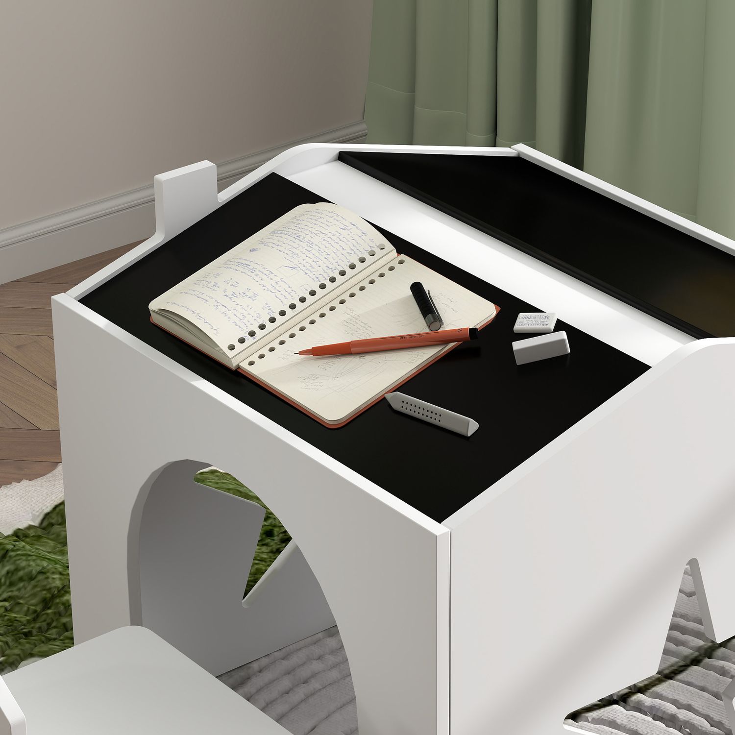 Set con 2 sedie per bambini e tavolino con lavagna per cameretta e asilo, età 3-8 anni, bianco - 