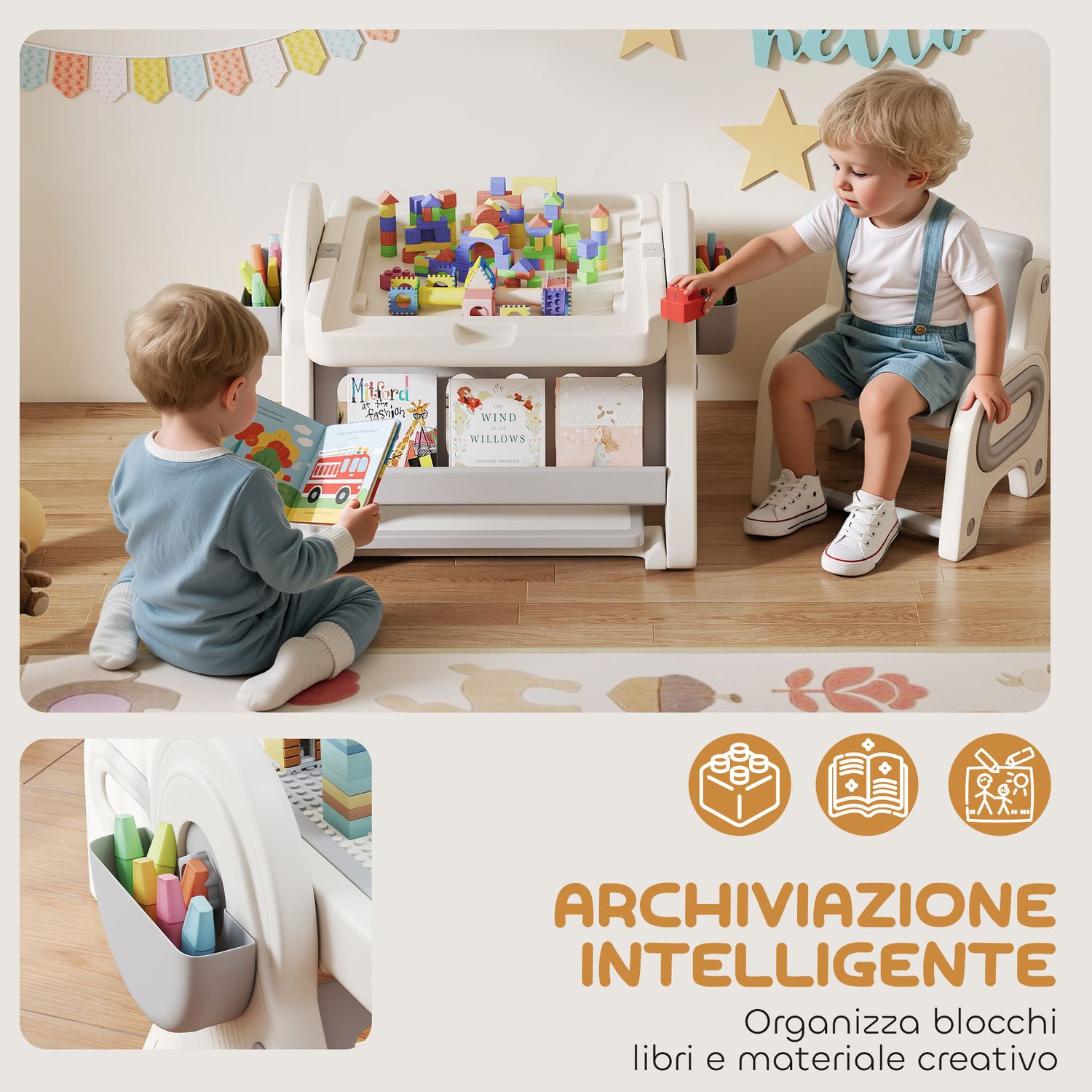 Tavolo multiuso per bambini con ripiano contenitore e cassetti, in hdpe e pp, grigio e bianco - 