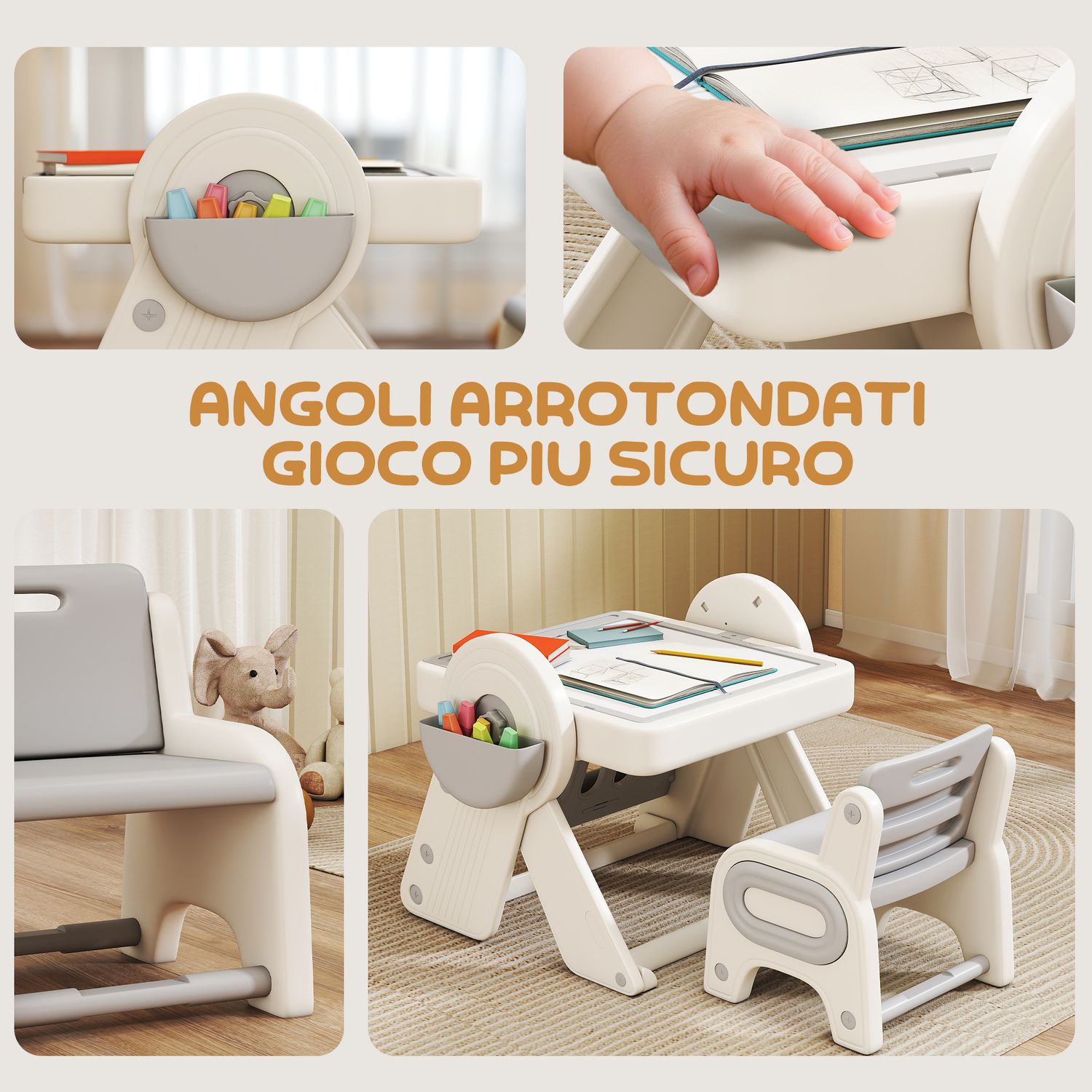 Tavolo multiuso per bambini con ripiano contenitore e cassetti, in hdpe e pp, grigio e bianco - 