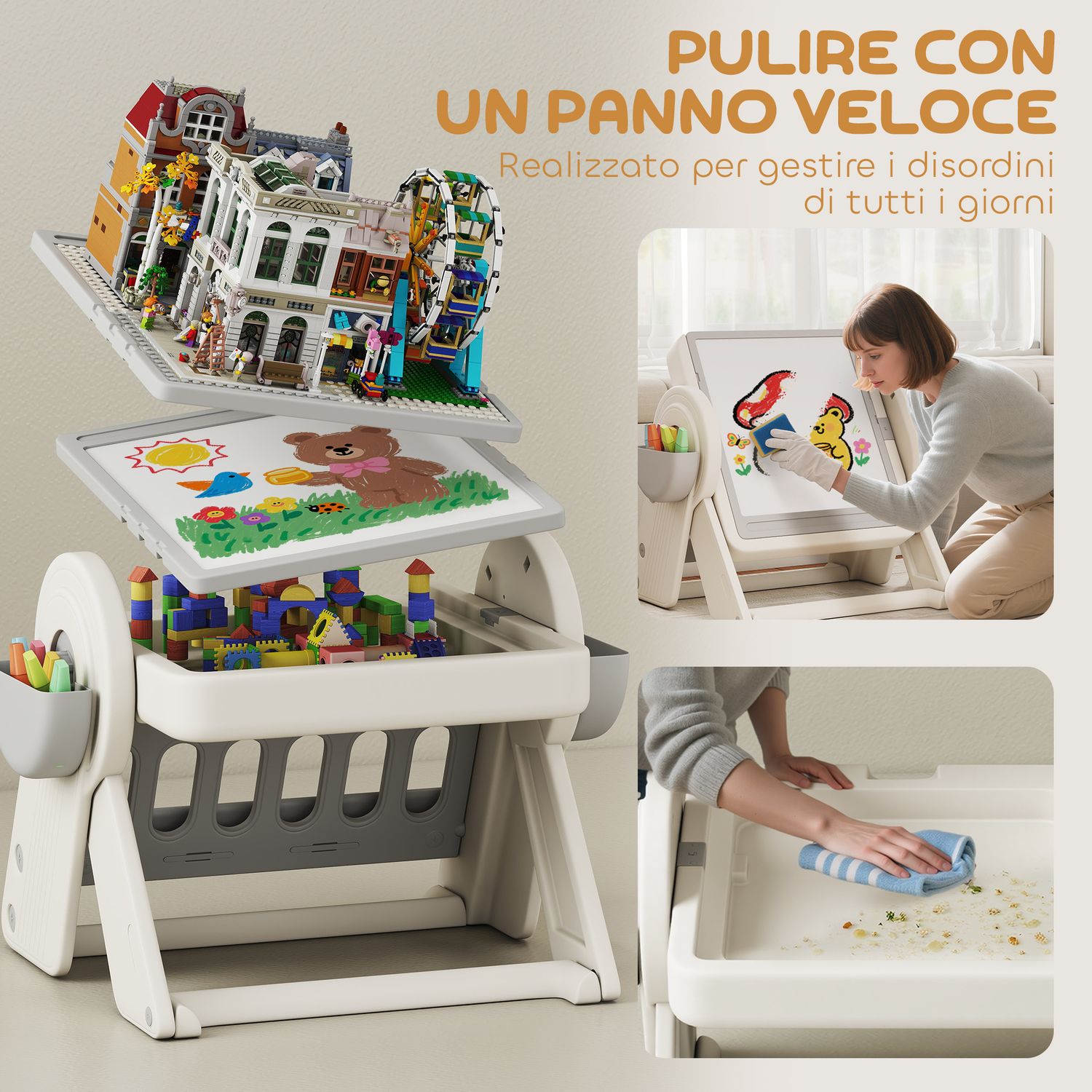 Tavolo multiuso per bambini con ripiano contenitore e cassetti, in hdpe e pp, grigio e bianco - 