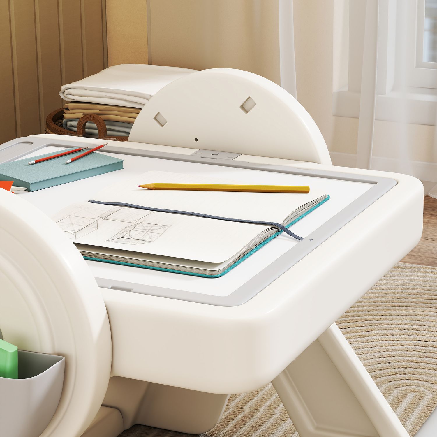 Tavolo multiuso per bambini con ripiano contenitore e cassetti, in hdpe e pp, grigio e bianco - 