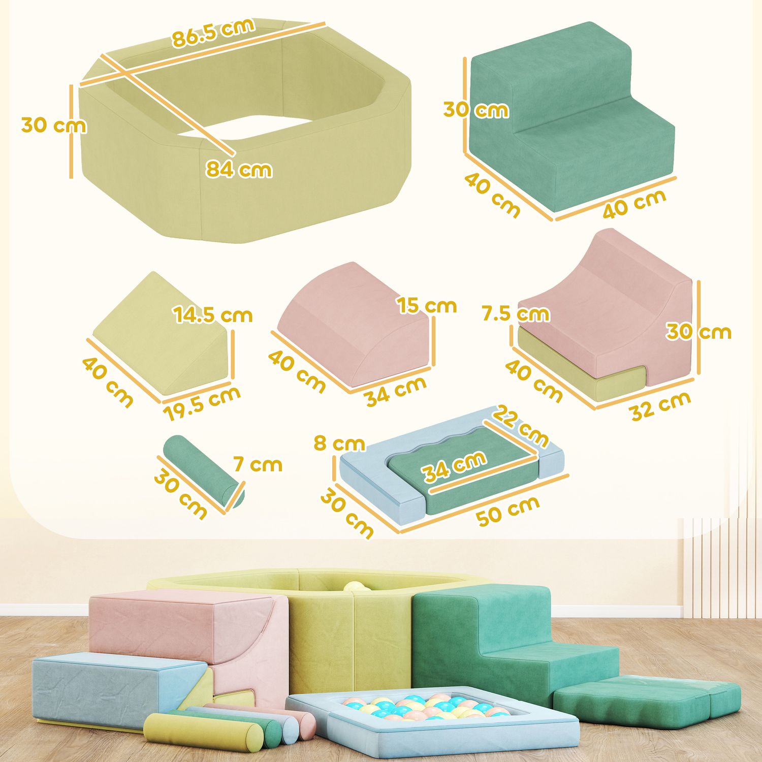 Set 15 blocchi di costruzioni morbide modulabili per bambini con 200 palline per uso interno, multicolore - 