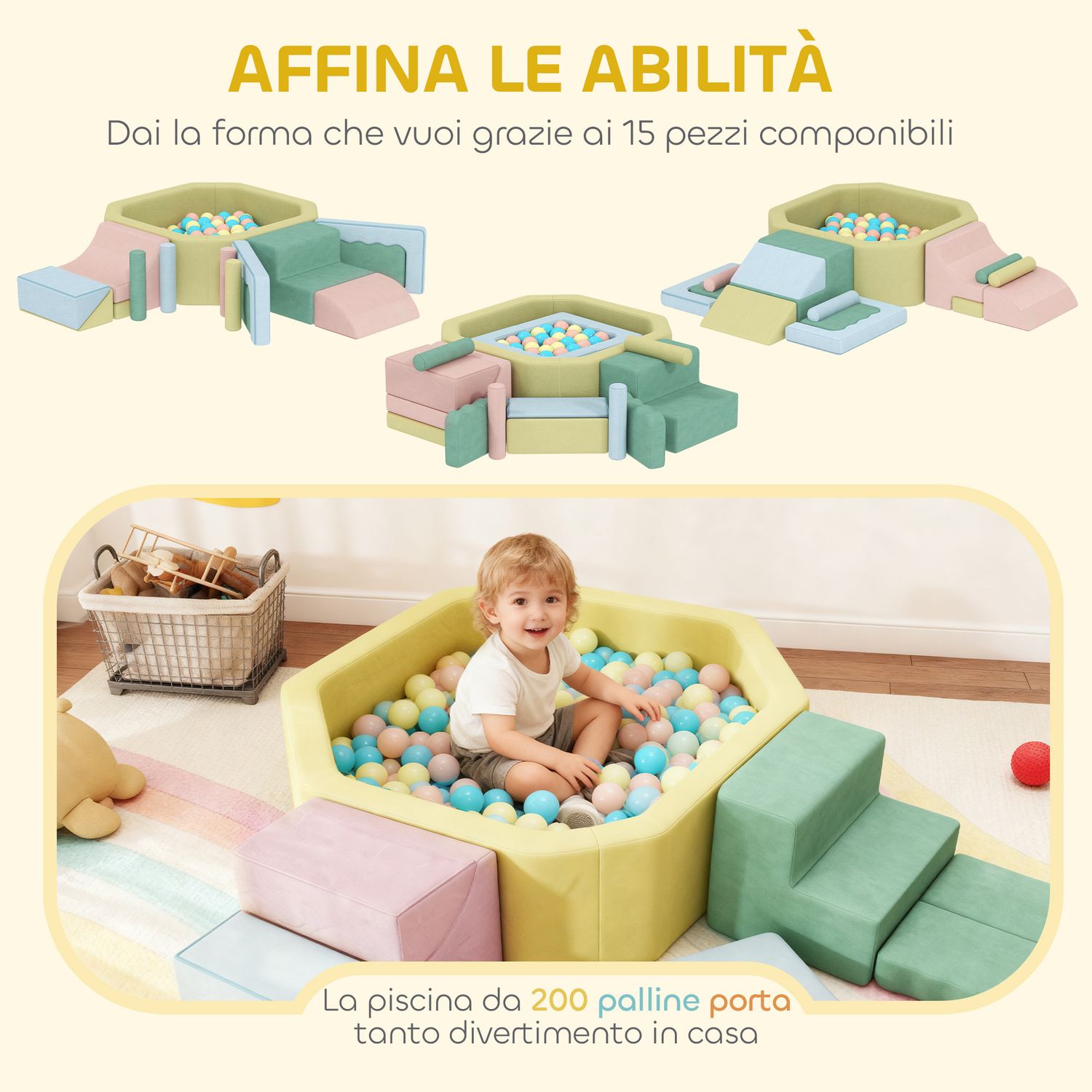 Set 15 blocchi di costruzioni morbide modulabili per bambini con 200 palline per uso interno, multicolore - 